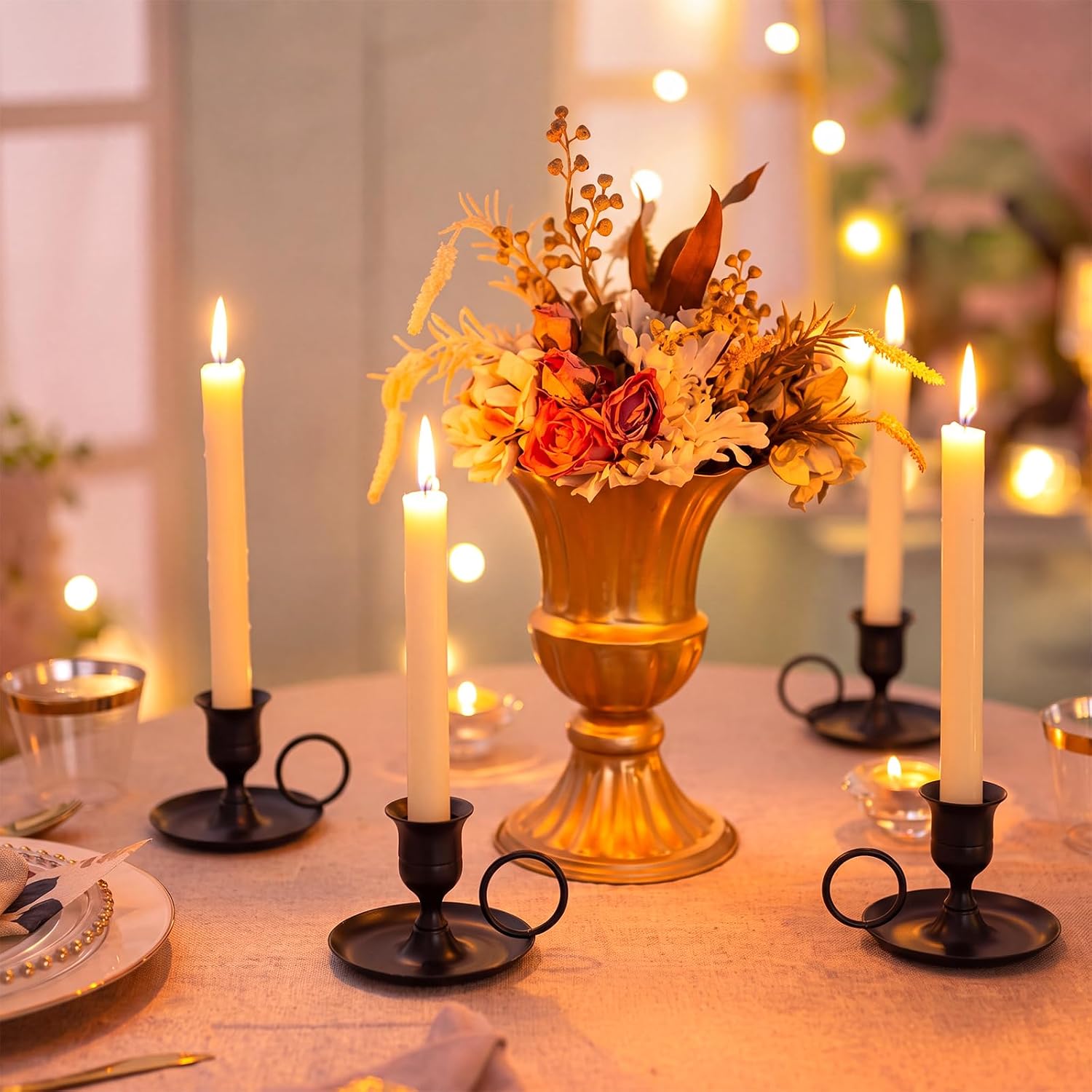 Mumufy 12 Pcs Black Candle Holders with Handle & Drip Tray