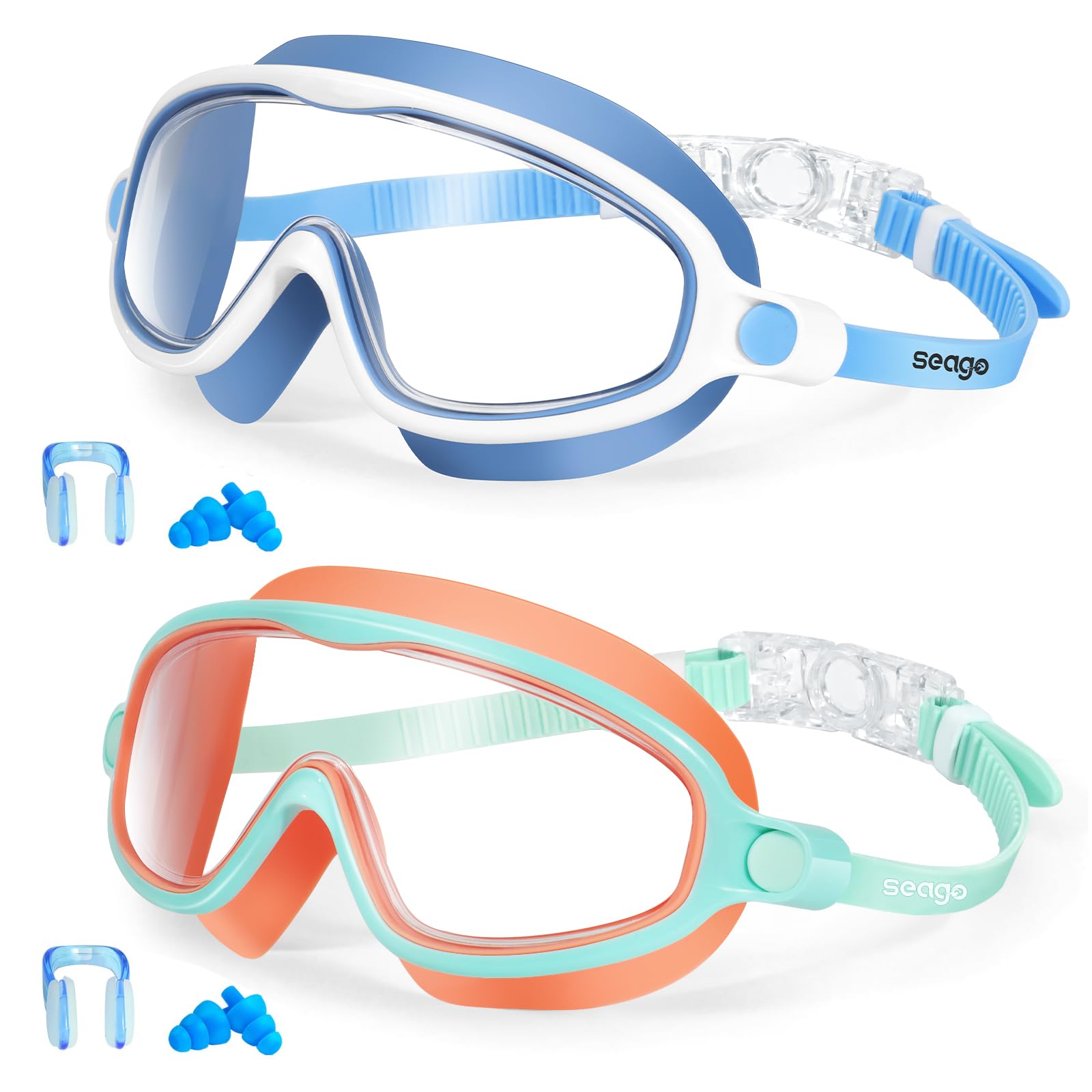 Seago Swim Goggles 2 Pack Anti-Fog Anti-UV Wide View Swimming Goggles for Kids 3-14