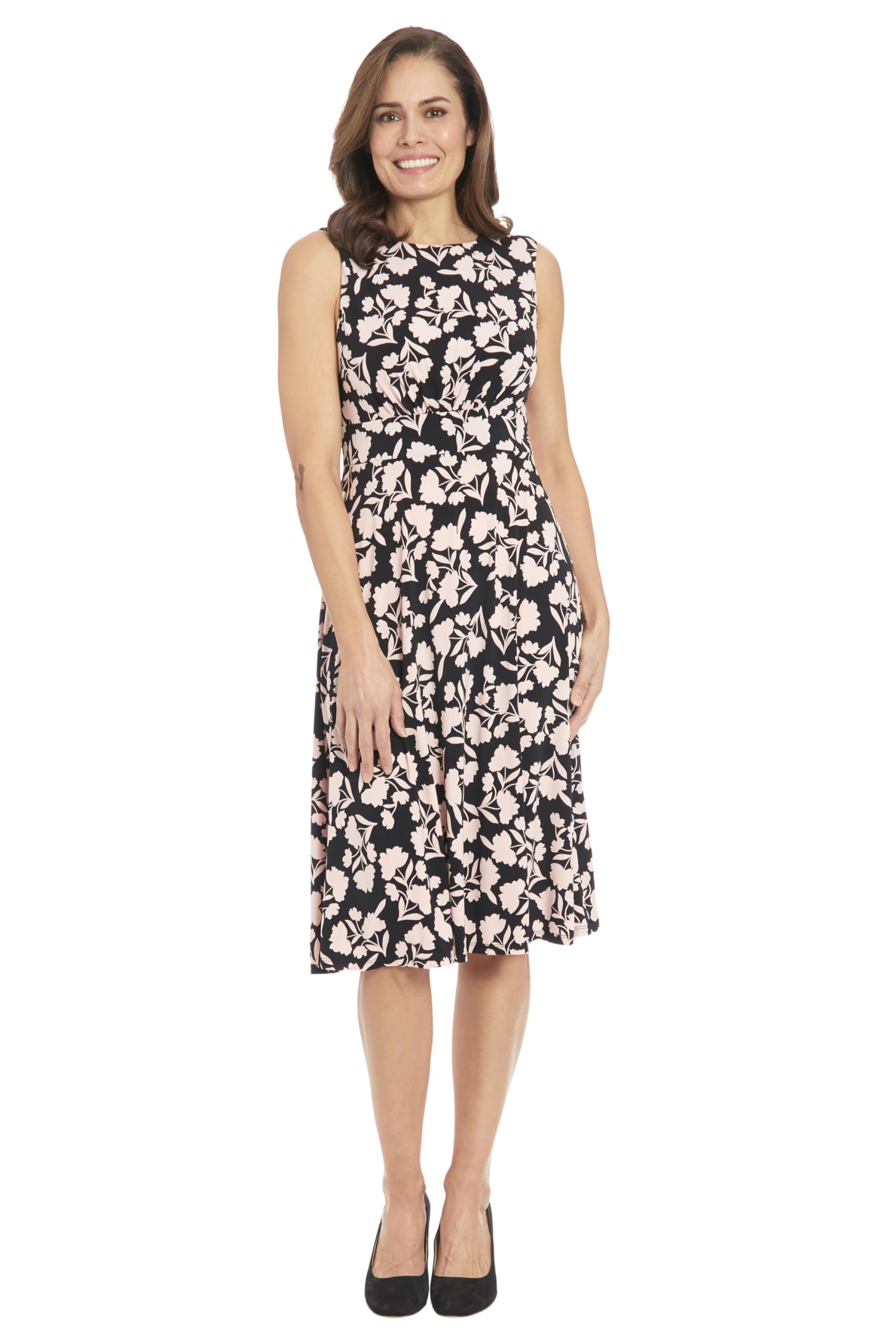 London Times Women's Sleeveless Inset Waist Midi Fit and Flare Dress