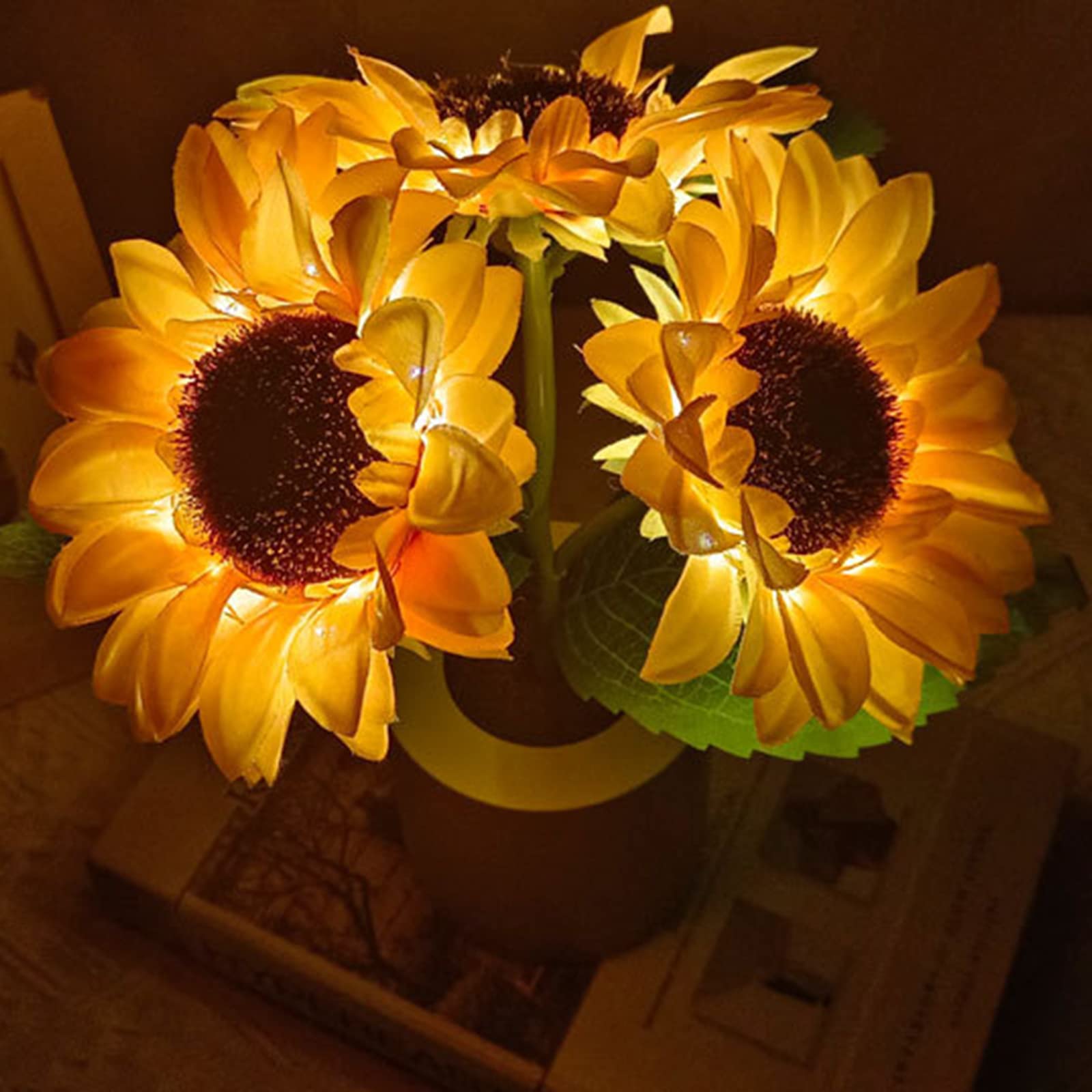 Lampada da tavolo a forma di girasoli, 3 teste con 27 LED, dimmerabile, luce notturna, ricaricabile tramite USB, con base, per camera da letto, soggiorno, scrivania, luce calda