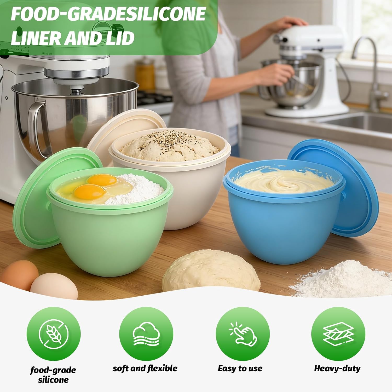 Silicone Bowl Liners for KitchenAid Mixers, Universal Fit for 4.5-5-Quart Mixing Bowls, Non-Stick Easy Cleaning-Blue/Green /Beige