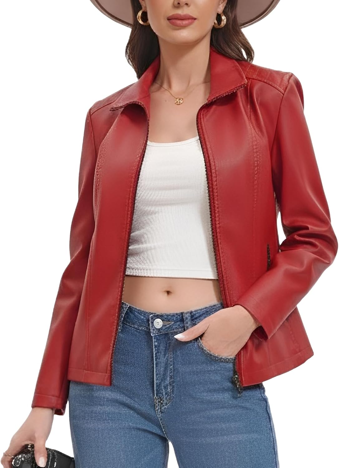 CHIGUO Faux Leather Jacket for Women Motorcycle Fashion Zip Up Coat Trendy Going Out Jackets