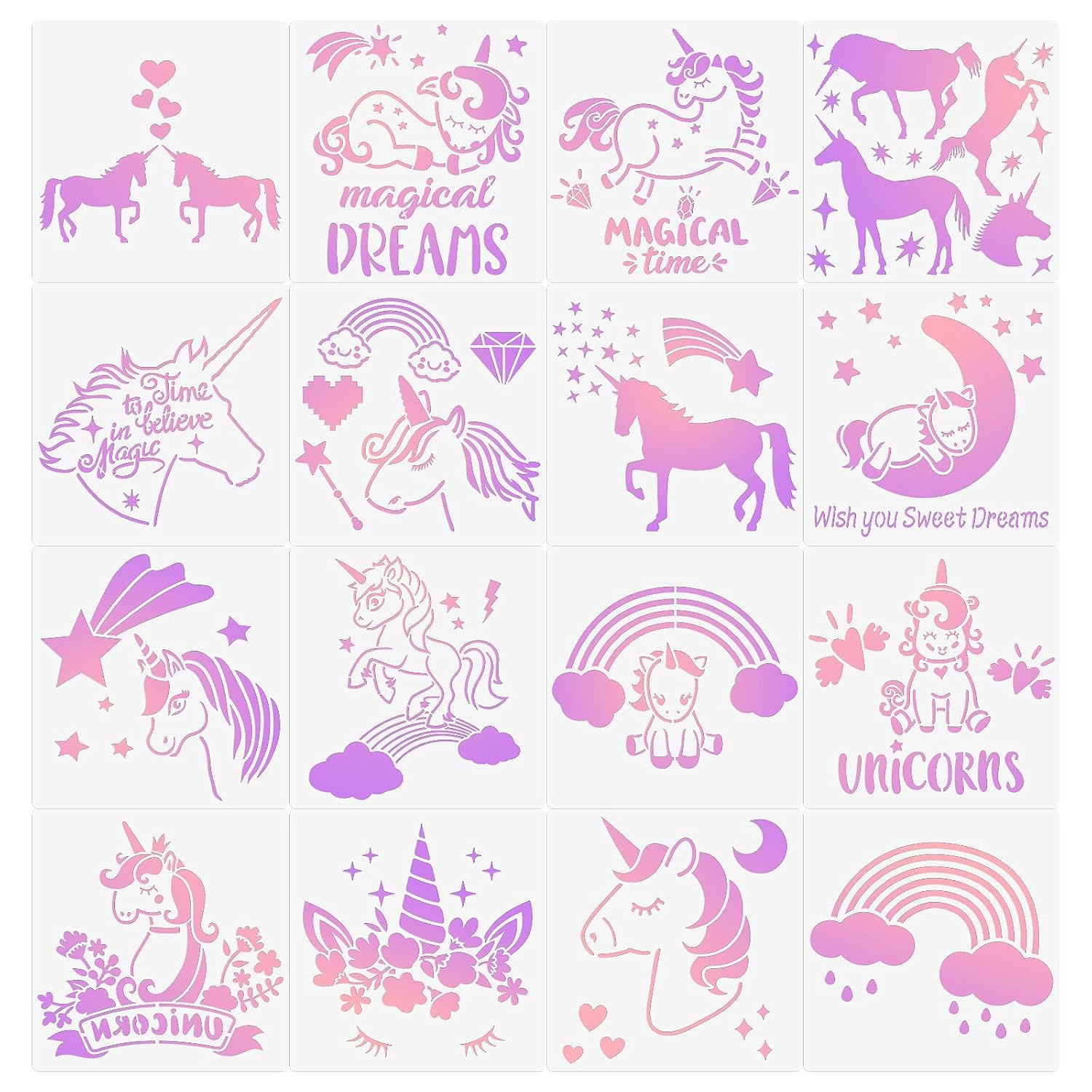 Devasya Crafts 16 Pieces Unicorn Stencils Painting Reusable Templates Unicorn Pattern Craft Stencils for DIY Scrapbooking Drawing Furniture Wall Floor Decors, 7.9 x 7.9 Inches