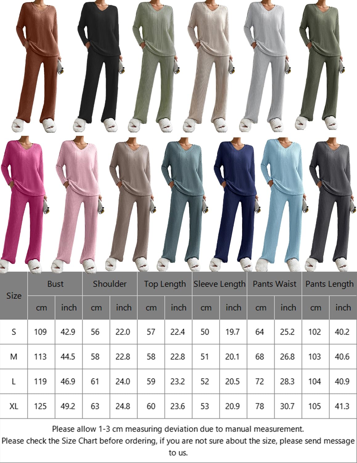 Femme Ensemble de Costume 2 Pièces Manches Longue Tricot Côtelé Pantalon Droit Survêtement Col en V Automne Hiver