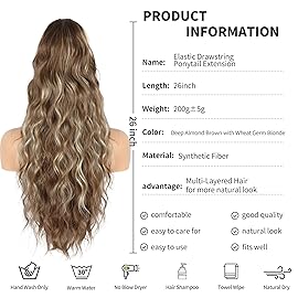 Ponytail Extension for Women, 26 inch Drawstring Ponytail Extension, Wavy Pony Tails Hair Extensions, Synthetic Hair Extensions Ponytail for Daily Use (Deep Almond Brown with Wheat Germ Blonde)