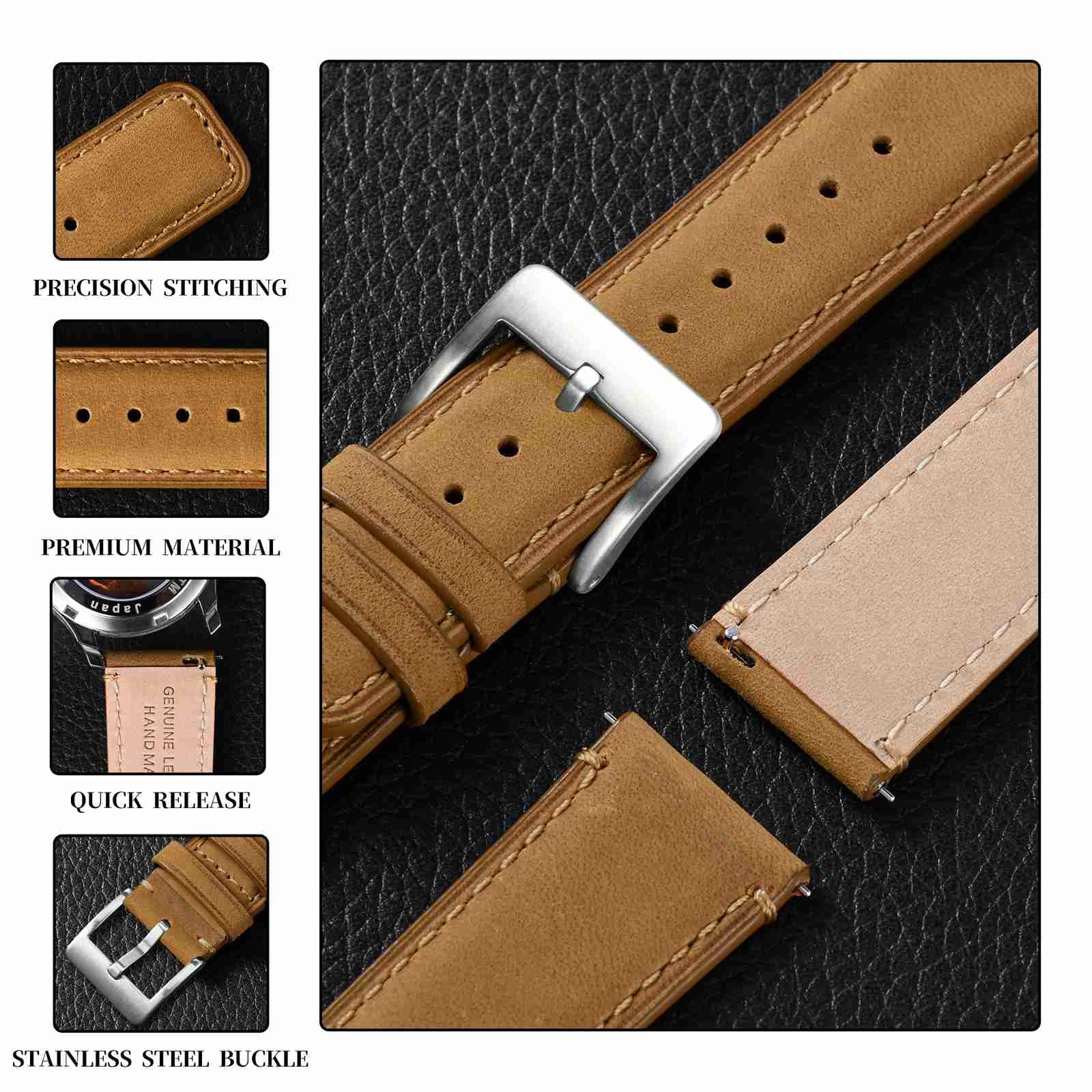 Anbeer Pasek do zegarka z prawdziwej skóry, pasek szybkiego zwalniania z klamrą ze stali nierdzewnej, dostępne rozmiary 18 mm, 20 mm, 22 mm, 24 mm