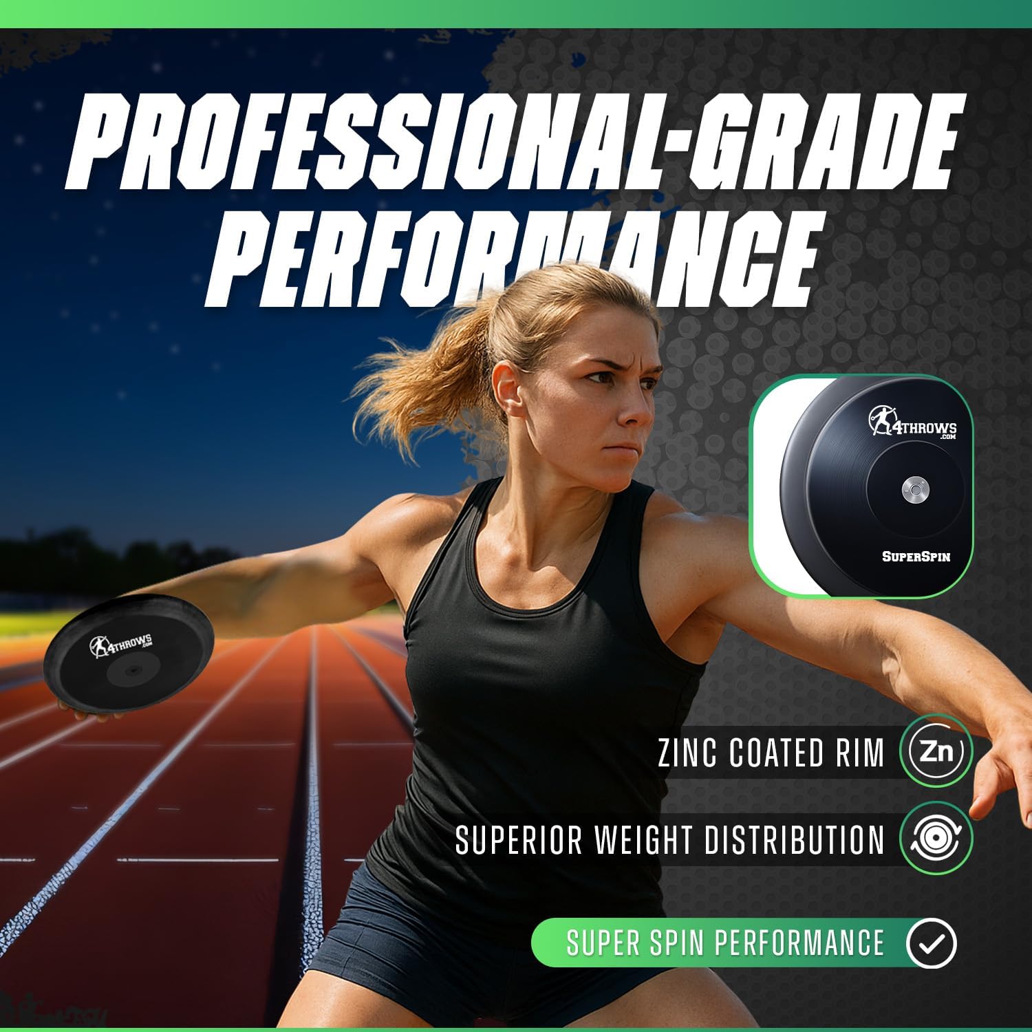 Super Spin Competition Discus for Track & Field, High School, College, Men & Women — 85% Rim Weight, High-Spin Performance, IAAF World Athletics Certified with Free Carry Bag, Black