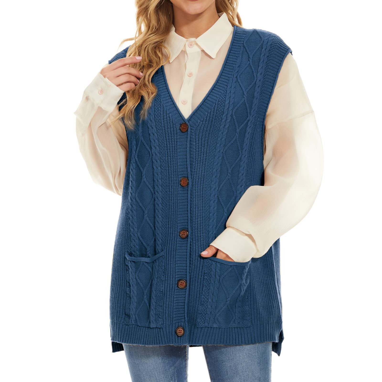 Women's Sweater Vest,Long Cable Loose Knitted Sleeveless V Neck Casual Sweaters Tank Top S~XL