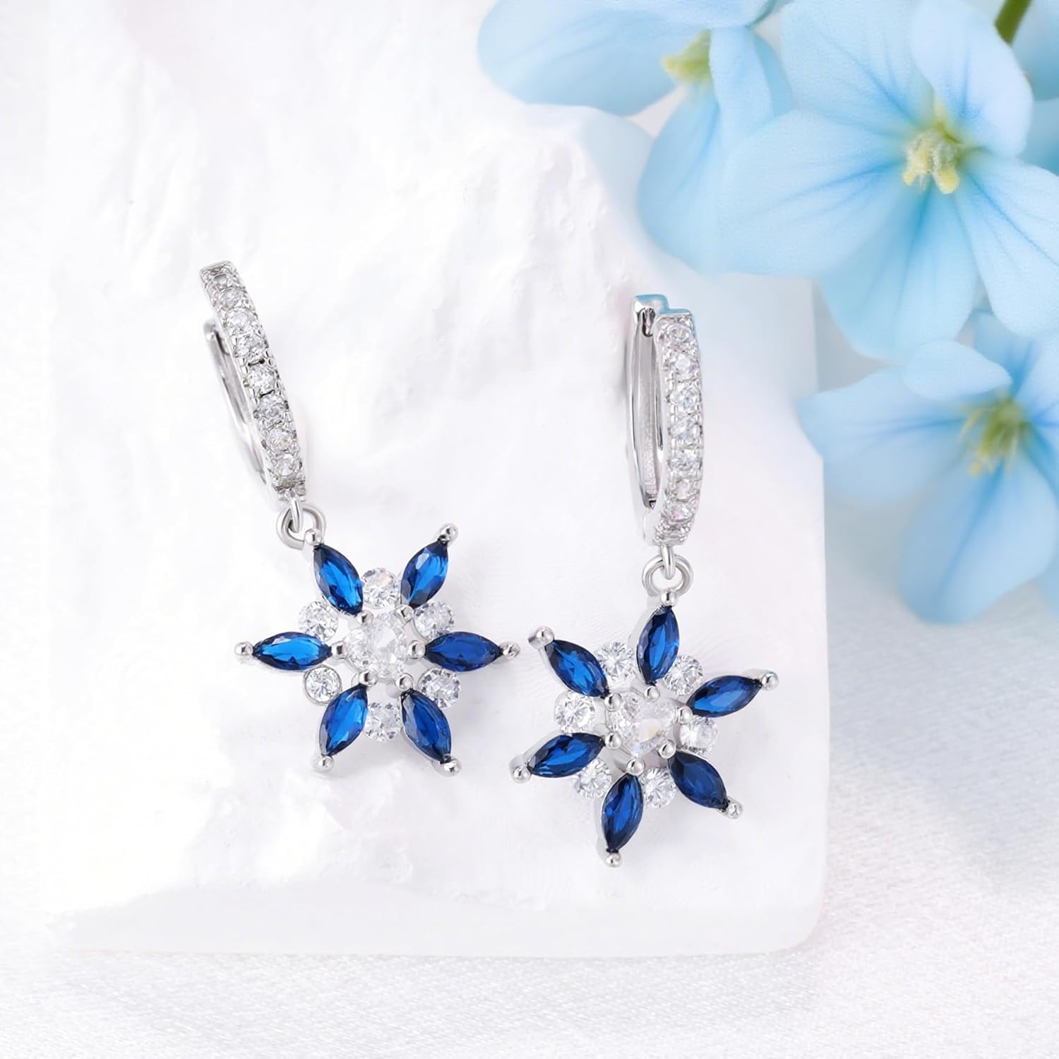 S925 Sterling Silver Blue Cubic Zirconia Snowflake Dangle Hoop Earrings with Heart Cz Hypoallergenic Loop Earrings Winter Jewelry for Women Birthday Party - Image 2