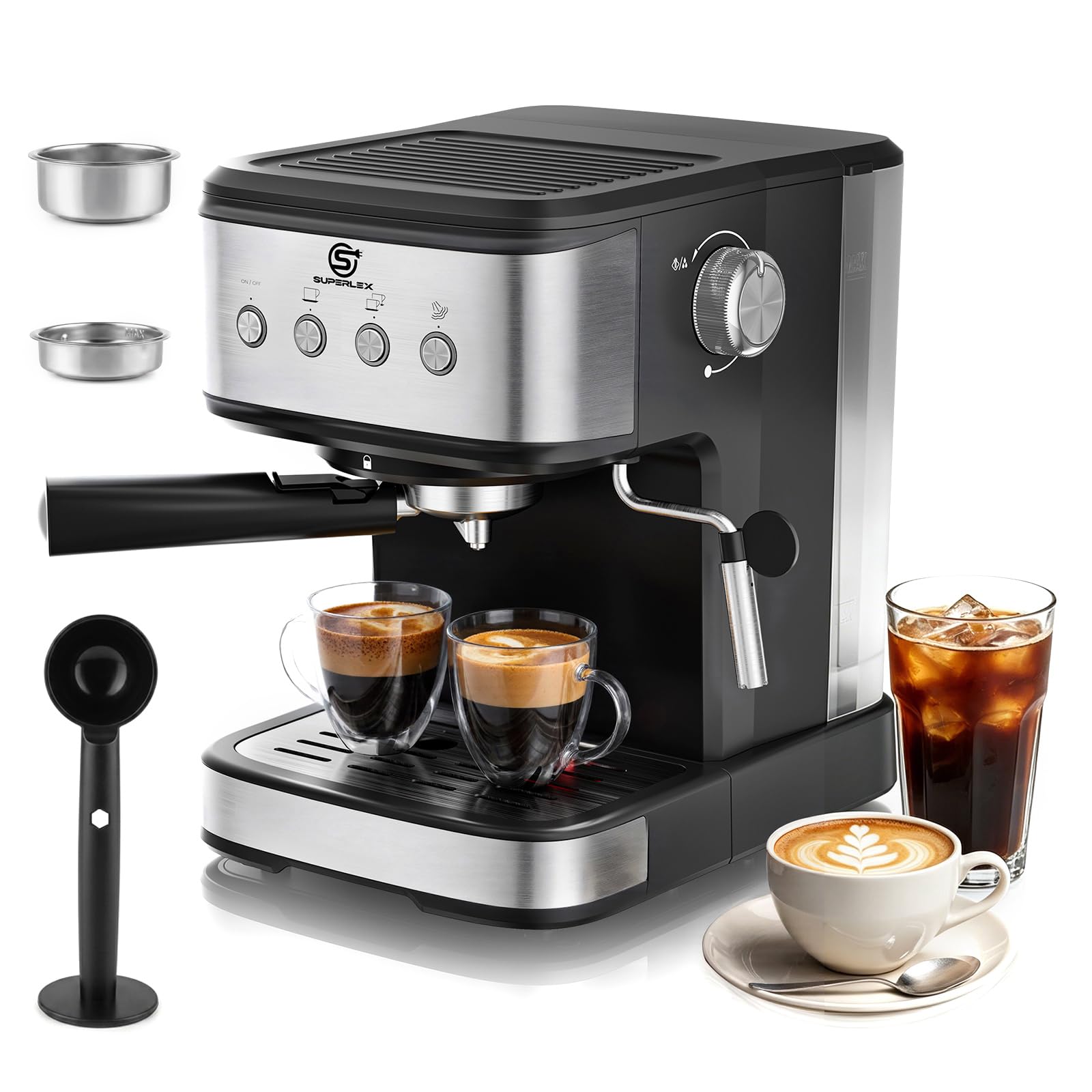 SUPERLEX 15 Bar Espresso Coffee Machine, 1100W, with Adjustable Steam Wand