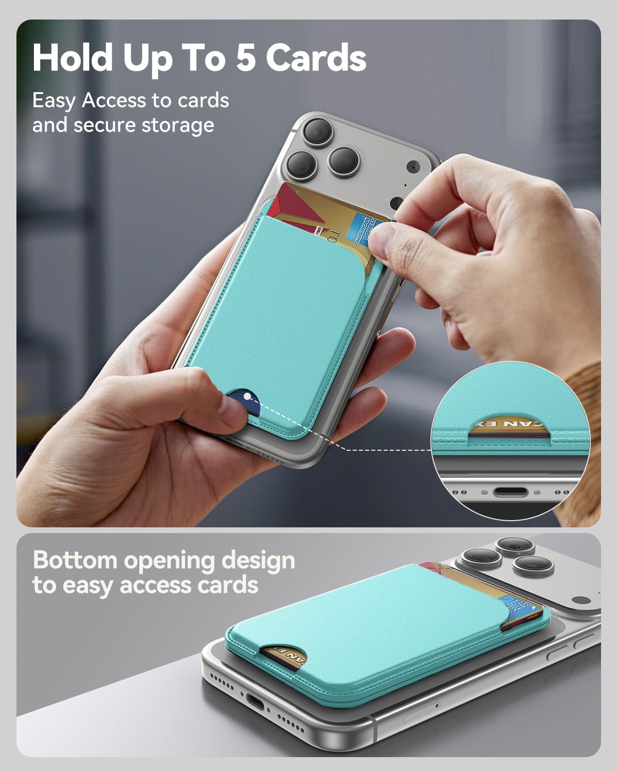 TWZKG for MagSafe Wallet, 5 Cards Holder with Stand, Magnetic Phone Wallet Stand for iPhone 17/16/15/14/13/12 Pro Max Air Plus Series, RFID Blocking Vegan Leather,Cyan Blue