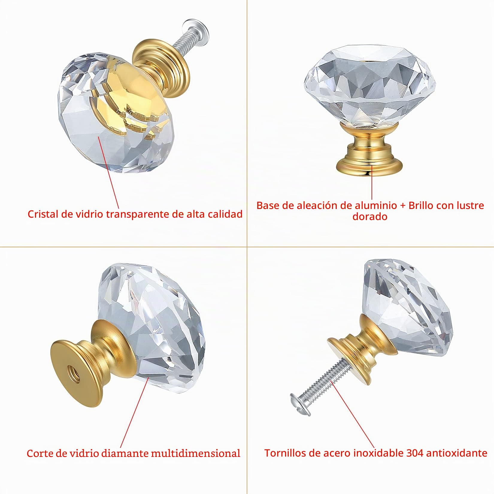 Botones de puerta de cristal con tornillo para armario (12 unidades), color dorado