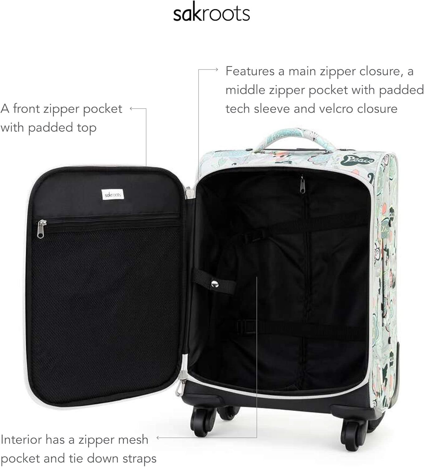 Sakroots Womens Carry-on 22" in Sustainable Materials On The Go Carry on 22 roller suitcase, Light Grey Peace, Carry-On 22-Inch US