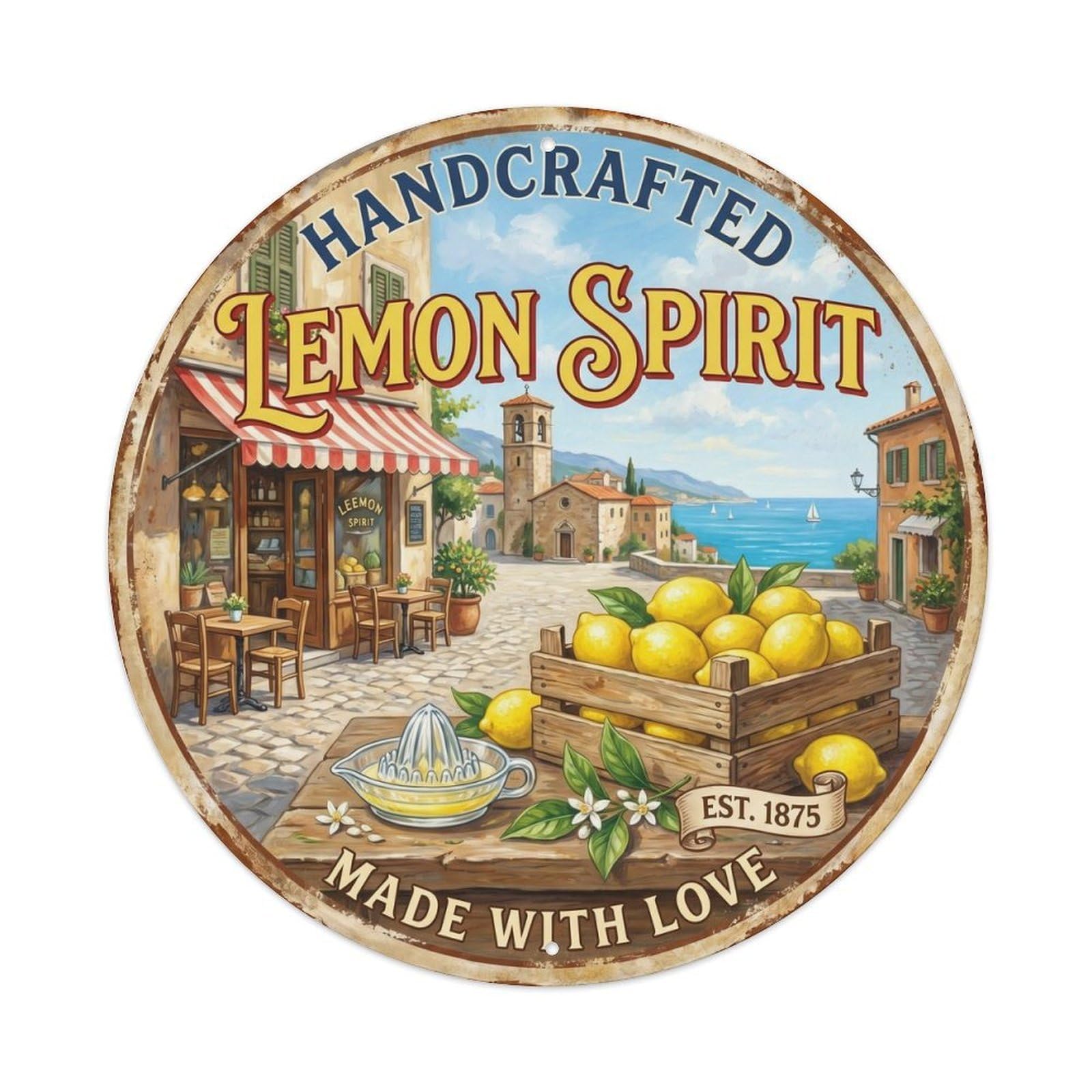 Artisan Limoncello Spirit Vintage Metal Tin Sign Plaque Wall Decor for Cafe, Club, Garden Round Metal Poster 8x8Inch