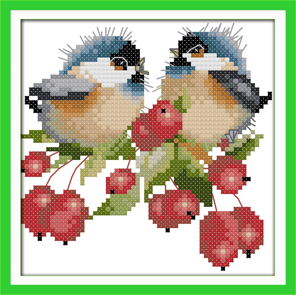 Meecaa Berry Tree Cross Stitch Kits 14 Count Stamped, Bird Animal Embroidery Kit With Accessories Pre Printed（15×16Cm (Berry Tree)