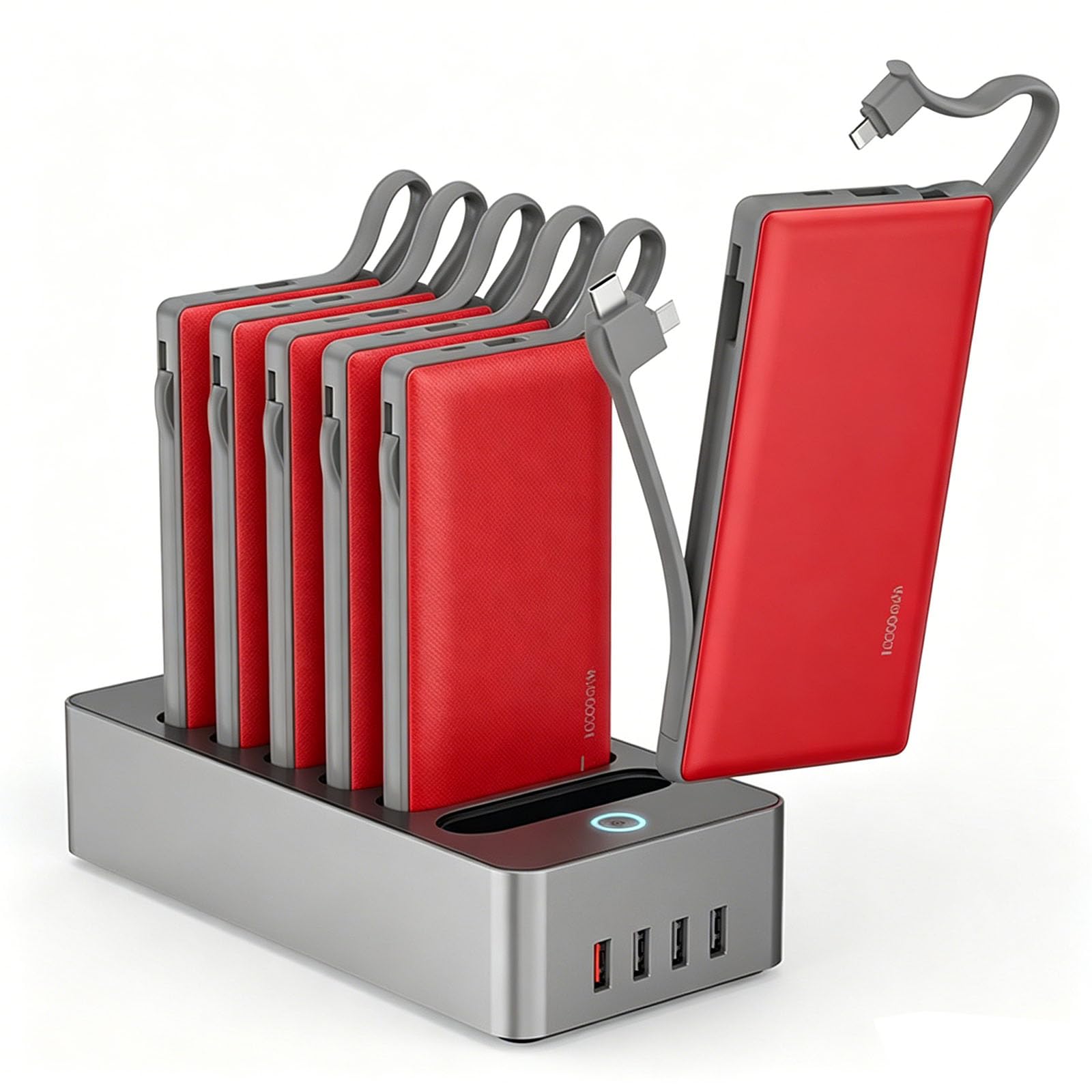 Batería portátil Estación,Power Bank 6 * 10000mAh Baterías Externas de 10000mAh,4 Puertos USB-C de Carga Rápida para Phone Móviles, Ordenadores Portátiles, Auriculares Bluetooth (Rojo)