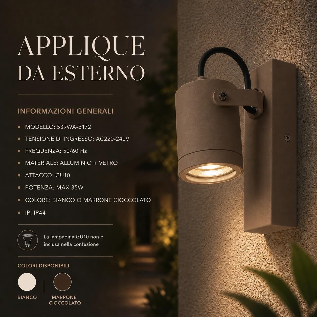 MAKA Set 2 Applique da Esterno GU10 IP44, Lampada da Parete Esterno Orientabile in Alluminio, Faretto Parete Moderno per Balcone Giardino Terrazzo (Marrone)