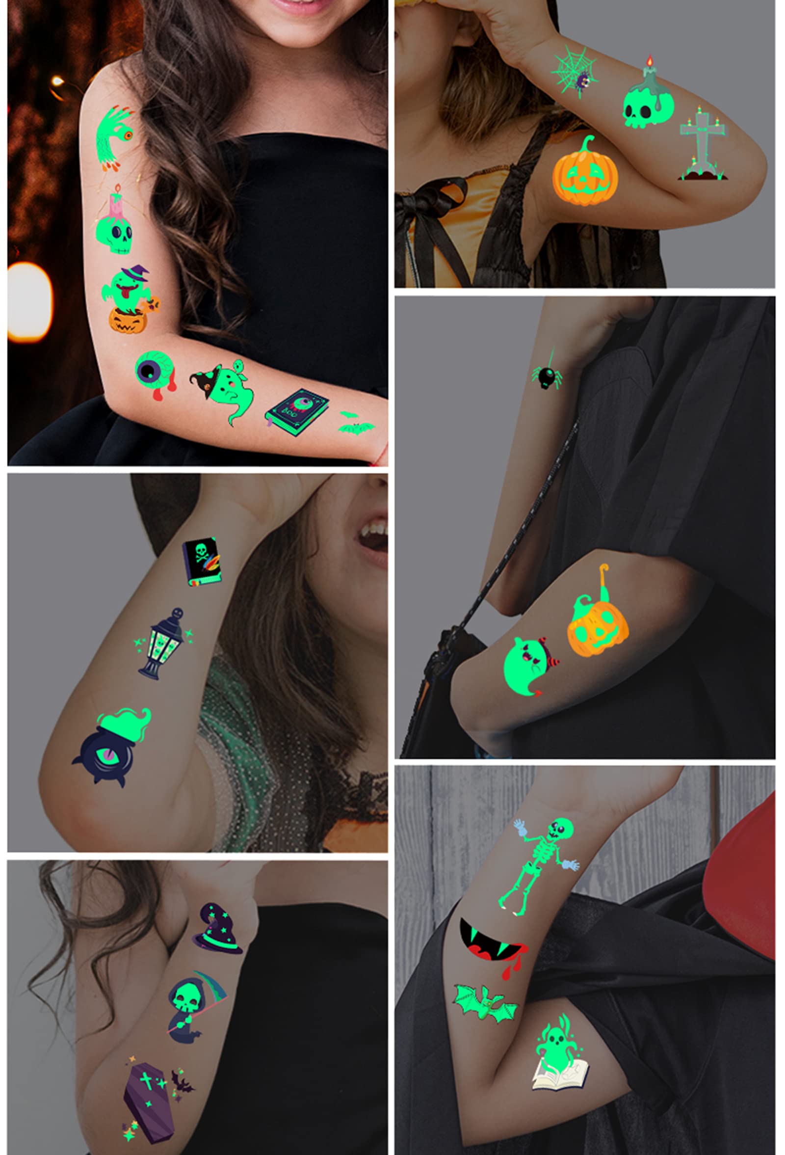 20 Tatuaggi Temporanei Per Bambini Halloween - Luminosi Al Buio - Adesivi Nero Per Festa Cosplay
