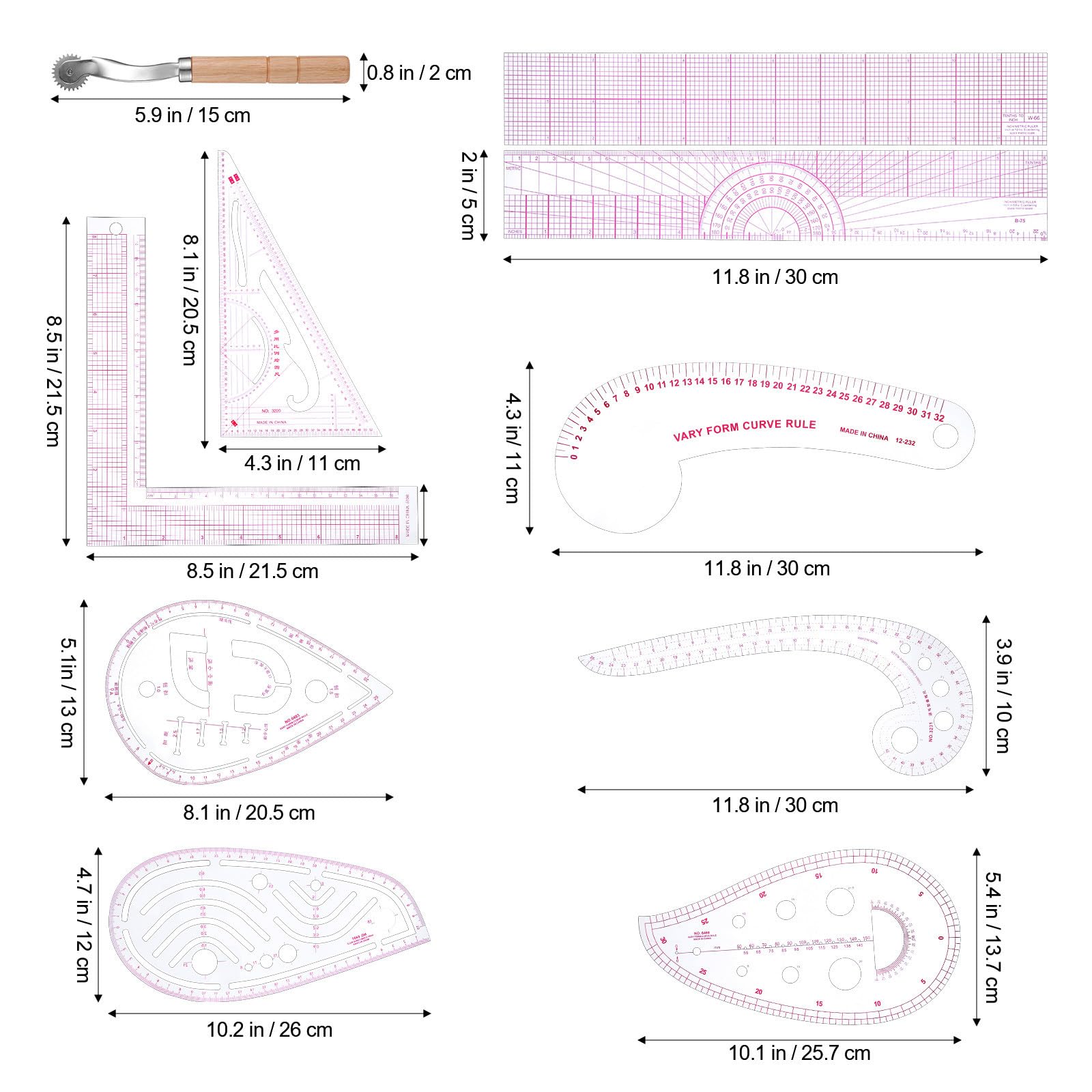 1 Satz Nählineal French Curve aus Kunststoff Multifunktionales Gebogenes Nählineal für Schnittmuster und Andere Projekte Robust und Vielseitig für Nähbegeisterte