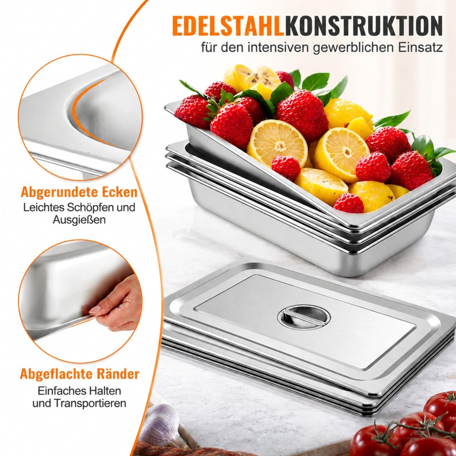 4 Gastronormbehälter aus Edelstahl mit Deckeln für Gastronomie, Buffet und Saladette