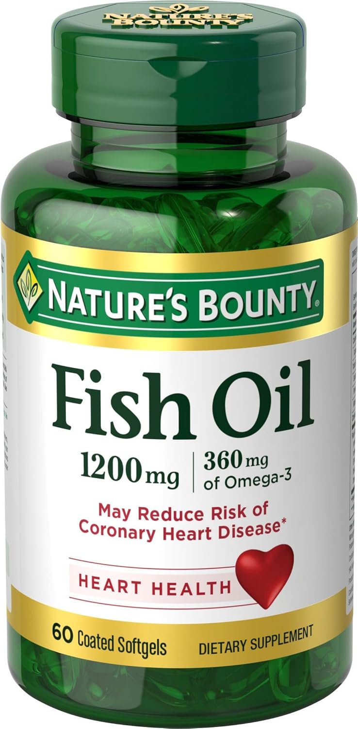 Nature’s Bounty Fish Oil Omega 3 Supplements – Supports Heart Health, 1200 Mg Fish Oil, Omega-3, 60 Coated Softgels Nature’s Bounty Fish Oil Omega 3 Supplements – Supports Heart Health, 1200 Mg Fish Oil, Omega-3, 60 Coated Softgels