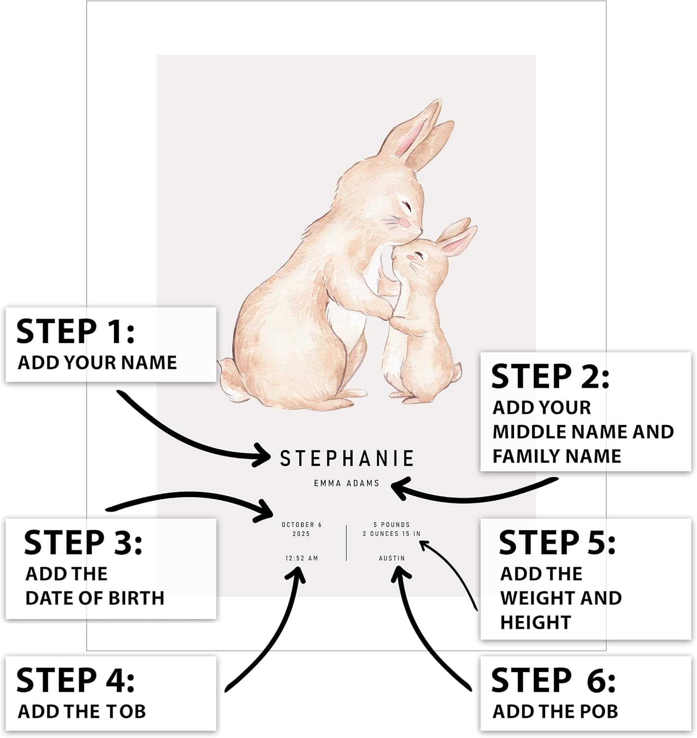Poster Master Personalized Bunny Love Print, Customized Newborn Profile Poster and Canvas, Nursery Art, Gift for Parents, Available in 8x10 to 30x40