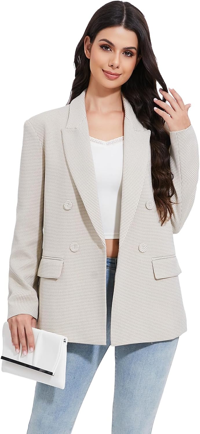 Women's Blazer Oversized Boyfriend Double Breasted Houndstooth Plaid Jacket - Lightweight Business Casual Blazers - Image 6