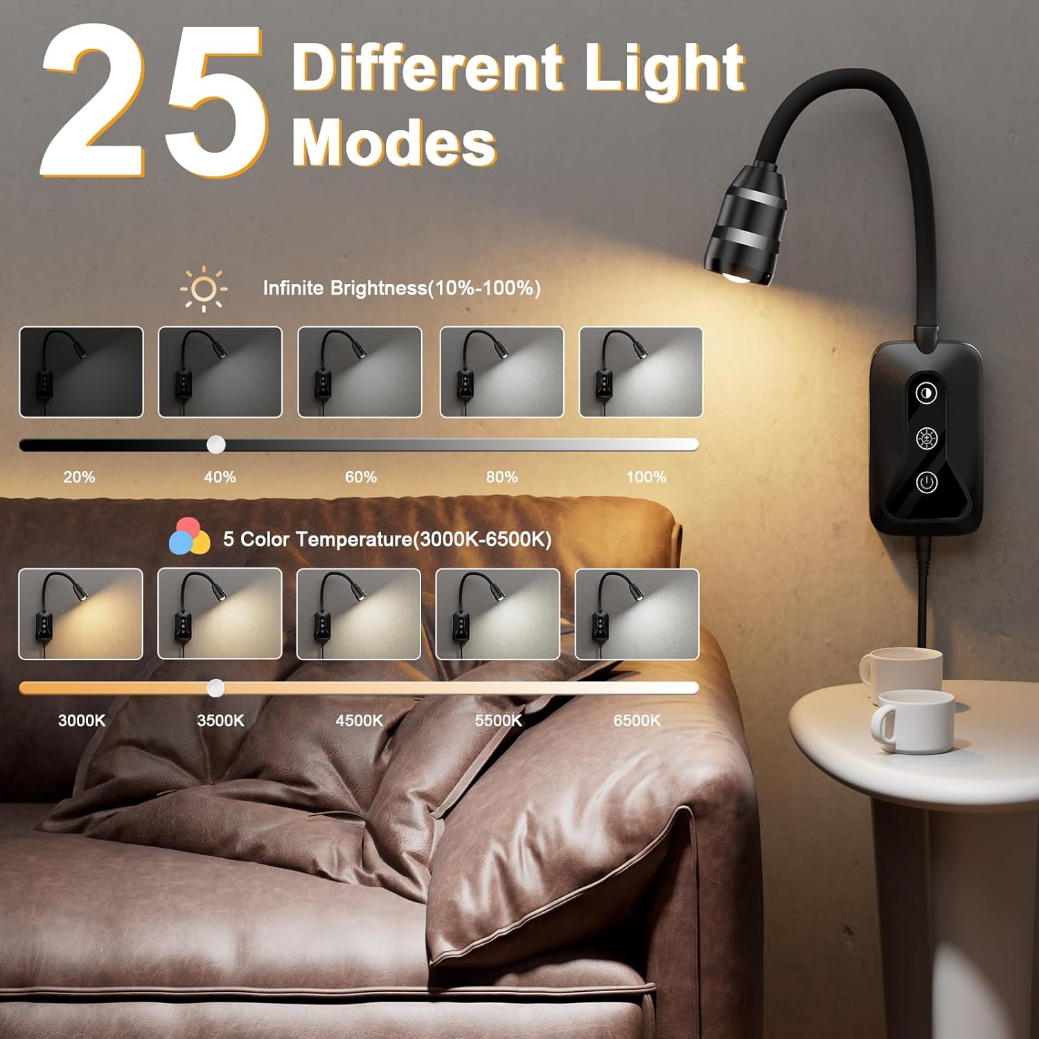 2 Pack Wall Mounted Headboard Reading Light, LED Dimmable Touch Control, Ideal for Bedside, Office, or Reading (Black)