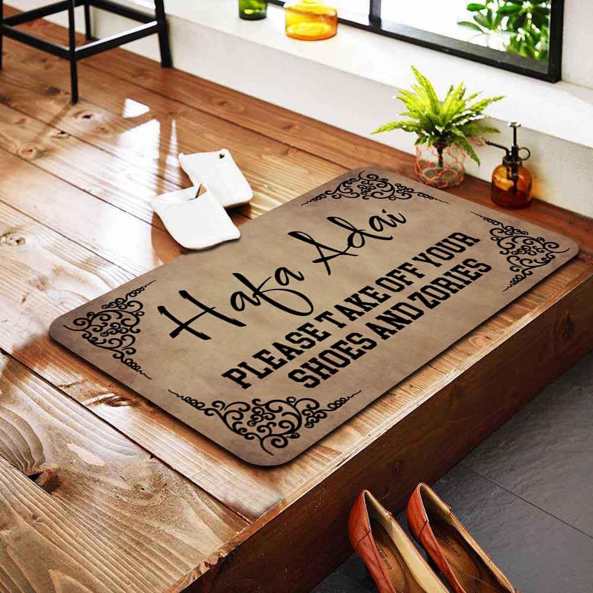 Funny Welcome Doormat Indoor Entray Front Porch Welcome Mat with Rubber Back 23.7"(L) x 15.9"(W) Hafa Adai Please Take Off Your Shoes And Zories Funny Doormat for Entrance Way Mats for Front Door Mat
