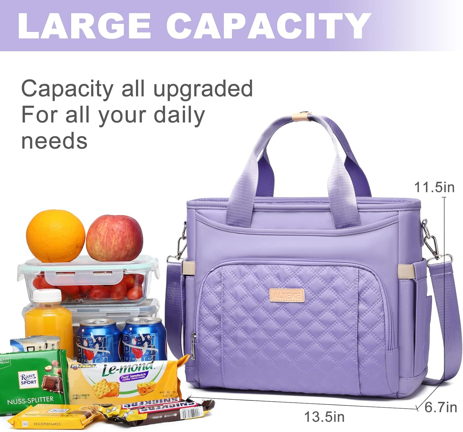 AIJIEKE Insulated Lunch Bag for Women, Lunch Box, Lunch Tote for Work, Large Leak Proof Cooler Bag with Removable Strap, Adult Reusable Lunchbag for Picnic Office Beach, Light Purple