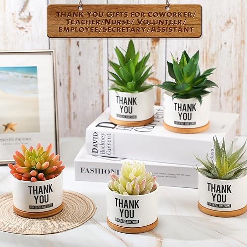 Miniatura 6 de Paquete de 12 mini macetas de cerámica para suculentas con bandeja de bambú, regalo de agradecimiento de Navidad para compañeros de trabajo,