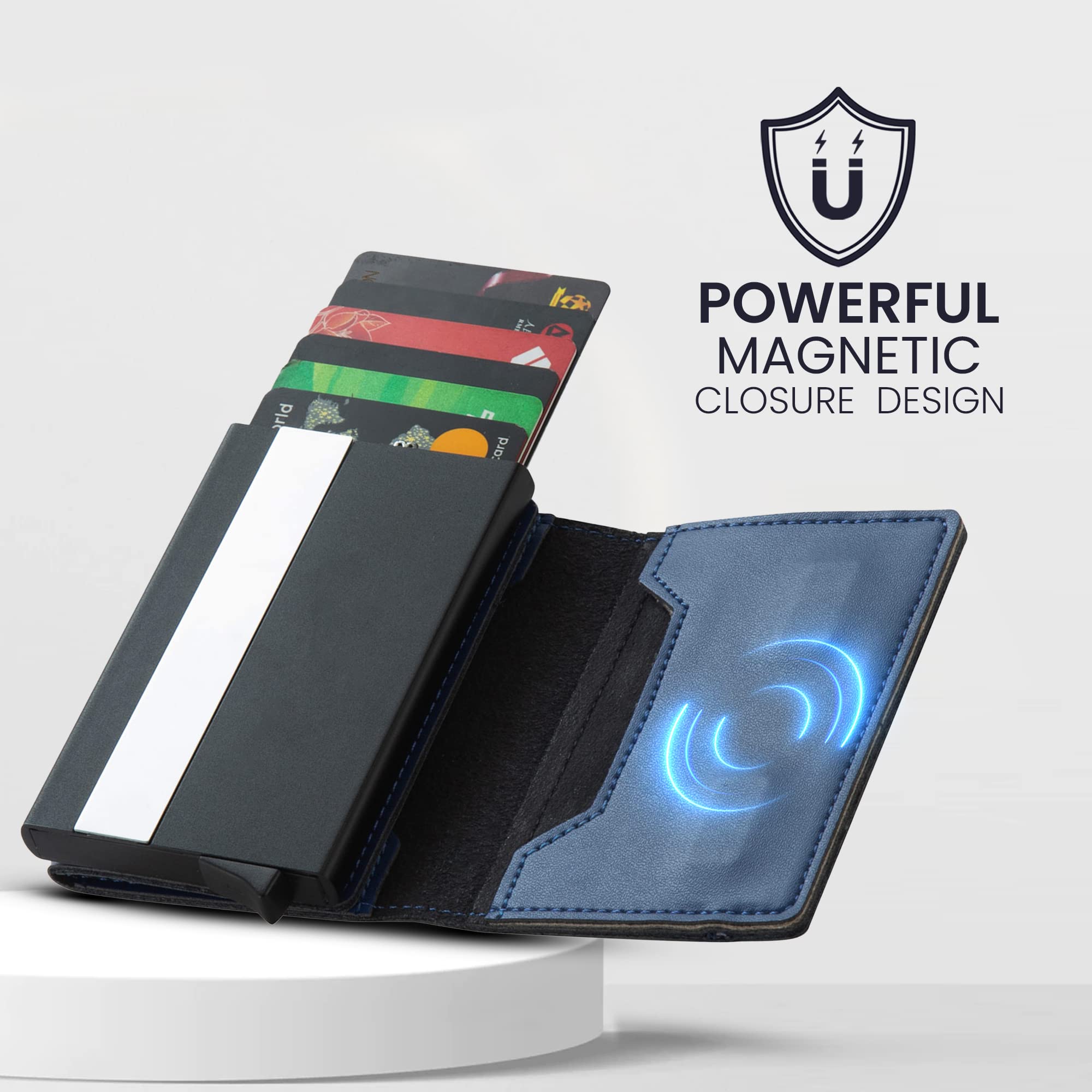 BONNY & SLIDE Magnetyczne etui na karty z kieszenią na pieniądze – wąski portfel typu pop up – etui na karty kredytowe dla małych firm dla mężczyzn i kobiet – mini portfele męskie – blokujące RFID, metalowe, aluminiowe portfele, NIEBIESKI, Etui na karty z