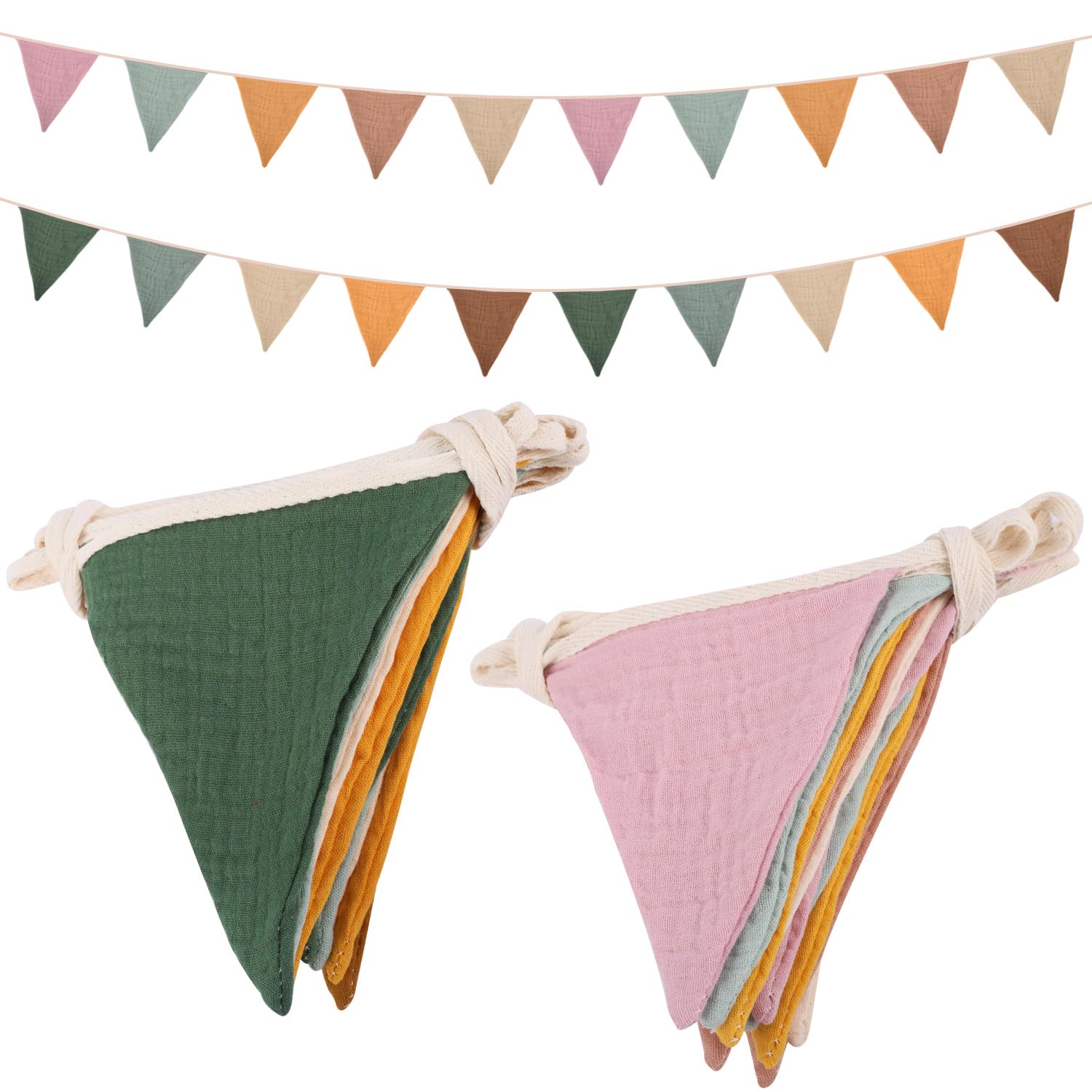 2Pcs Fabric Bunting Double Sided 2.6m Cotton Bunting, 100% Organic Cotton Pennant, Triangle Garland Fabric Banner for Vintage Themed Wedding Afternoon Tea Garden Party