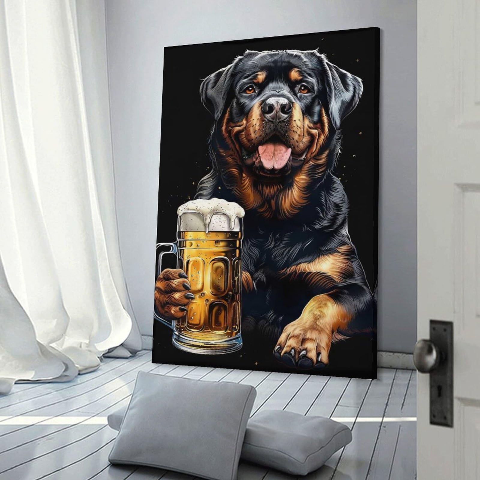 Junmoney Rottweiler with Beer Canvas Wall Decor 24x36inch(60x90cm), for Corridors, Hallways Or Apartment Entries, A Stylish Accent for Home Entrances