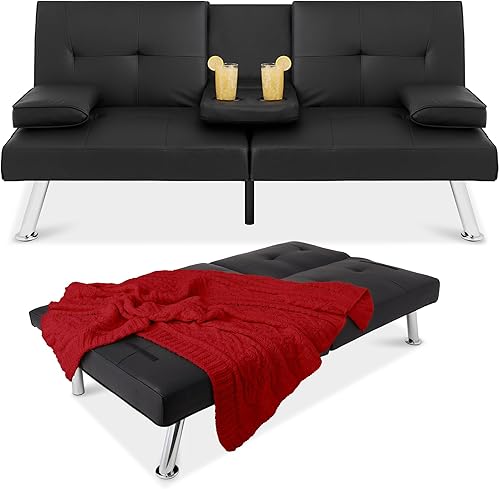 Miniatura 16 de Best Choice Products Futón convertible moderno tapizado de piel sintética, sofá cama plegable ajustable, cama de invitados con reposabrazos
