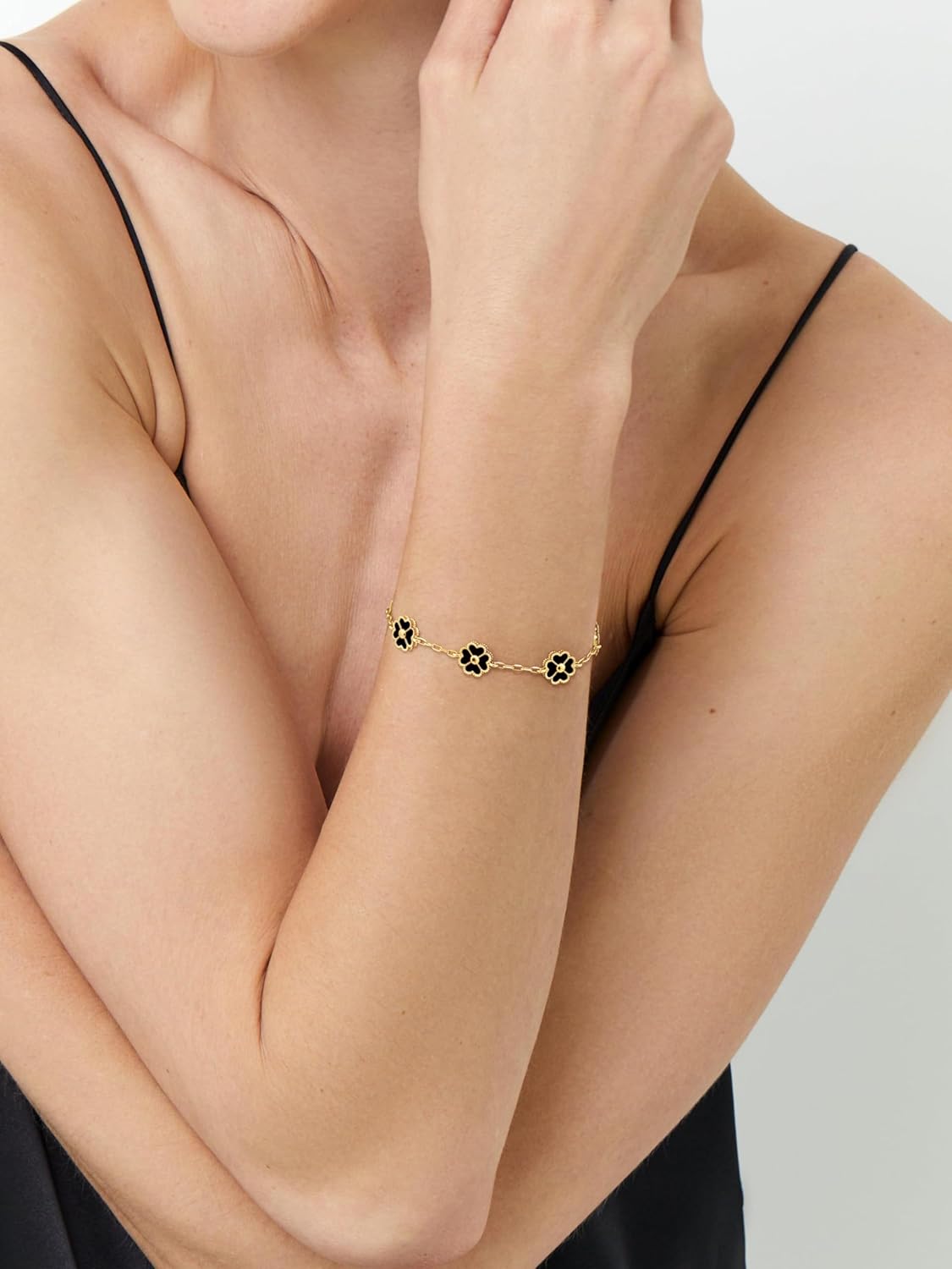 NECOCY Clover Bracelet for Women, Trendy 18K Gold Plated Four Leaf Lucky Flower Bracelets Set Adjustable Dainty Simple White/Black/Pink/Blue Floral Jewelry Gifts for Women Valentine Birthay Daily - Image 3