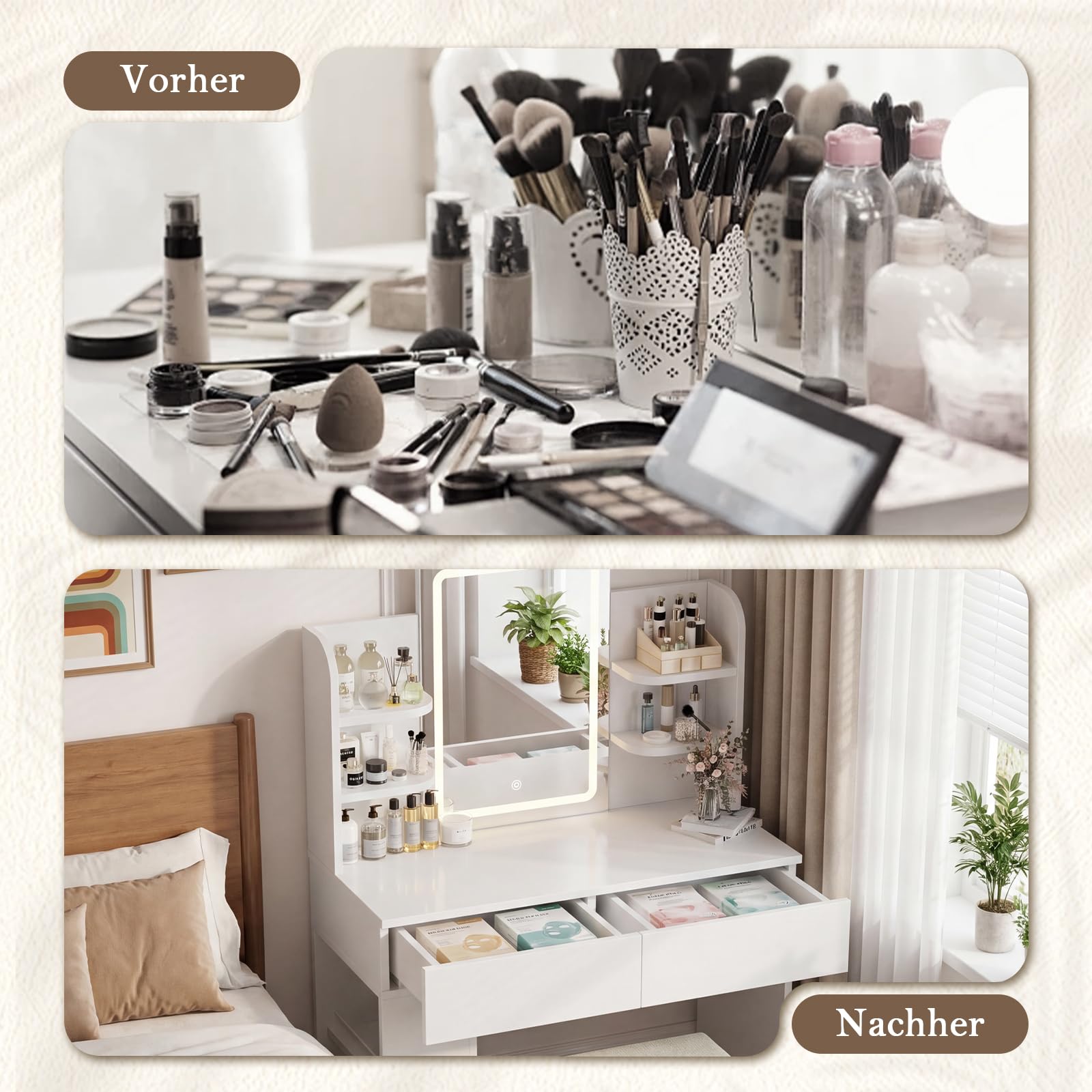 JUMMICO Schminktisch mit LED-Spiegel, moderner minimalistischer Schminktisch für Schlafzimmer, mit 2 Schubladen + 4 Regalen, 3-stufige Dimmfunktion und Touch-Schalter (Set, 135x90x40 cm)