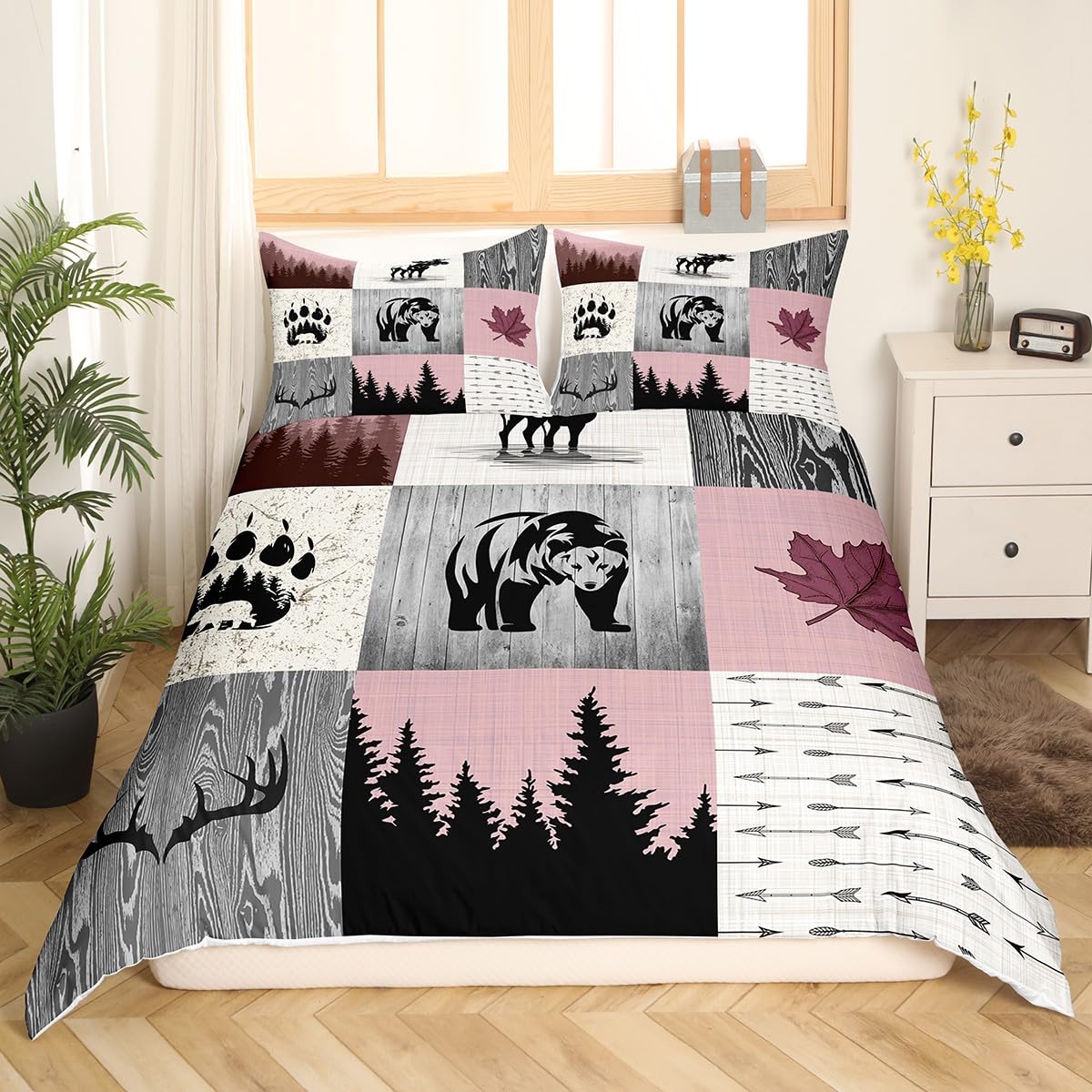 Adventure Duvet Cover Set Double Size, Bear Deer Pink Grid Patchwork Comforter Cover with 2 Pillowcases - Image 3