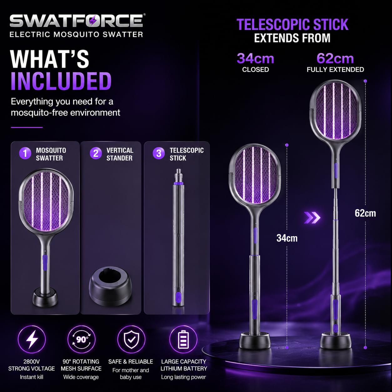 Scacciamosche Telescopico Estensibile 34-62 cm, Racchetta per Mosche e Insetti, Paletta Antizanzare per Interni ed Esterni | SWATFORCE
