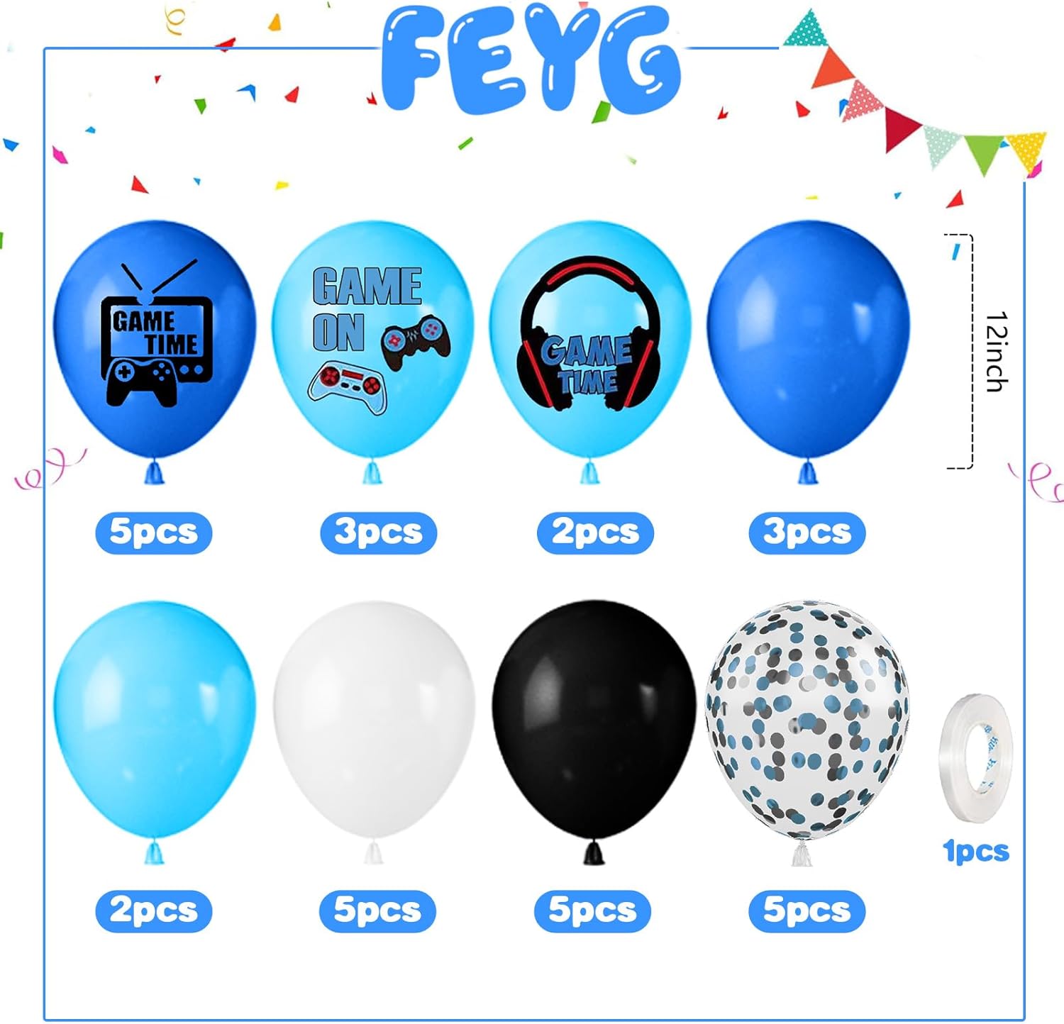 Video Game Balloons,12 Inch Blue and Black Game Theme Printed Balloons Confetti Balloon with Ribbon for Teens Player Birthday Game Party Decorations