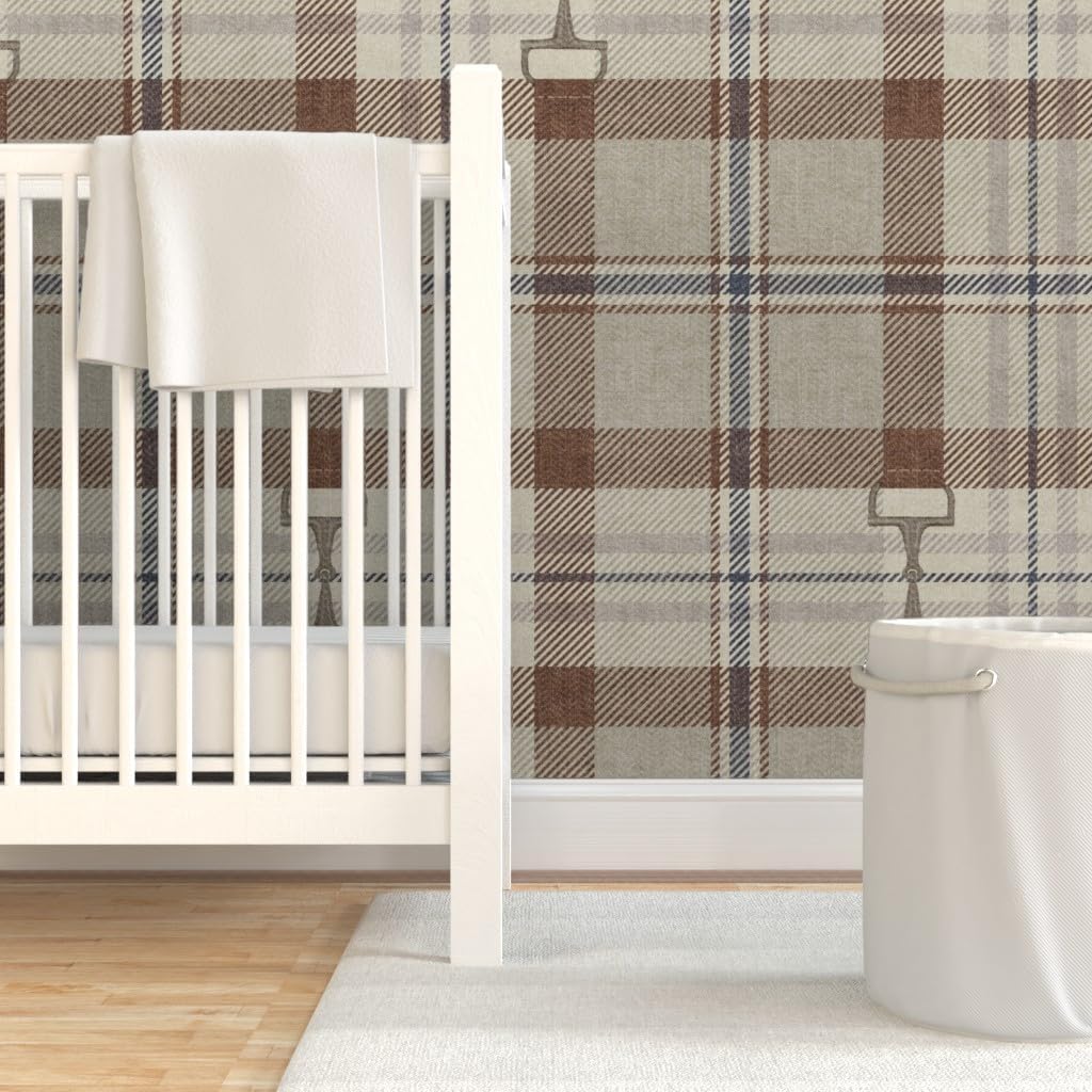 Spoonflower Peel & Stick Wallpaper Swatch - Equestrian Autumnal Plaid Heritage Cozy English Rustic Tartan Neutral Farmhouse Tack Room Snaffle Custom Removable Wallpaper