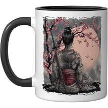 Japanese Geisha Japanese Samurai Girl Sakura Cherry Blossom Ceramic Mug, Black/White, 11oz