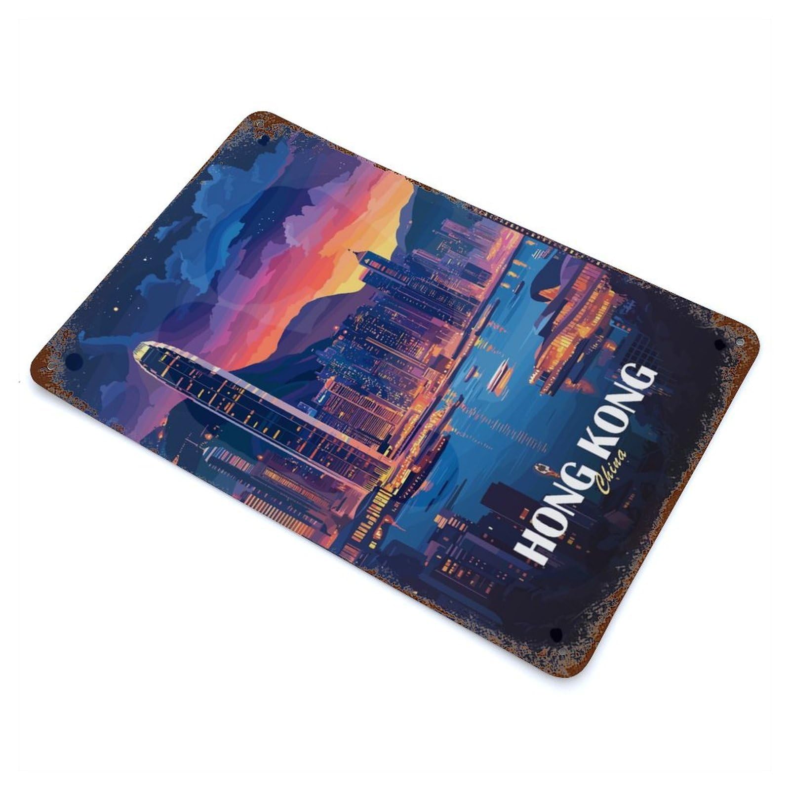 Aged Metal Wall Plaque with Hong Kong Cityscape at Dusk Design 11.8"x7.9", for Garage, Bar And Workshop Decor, Rustic Home Decor