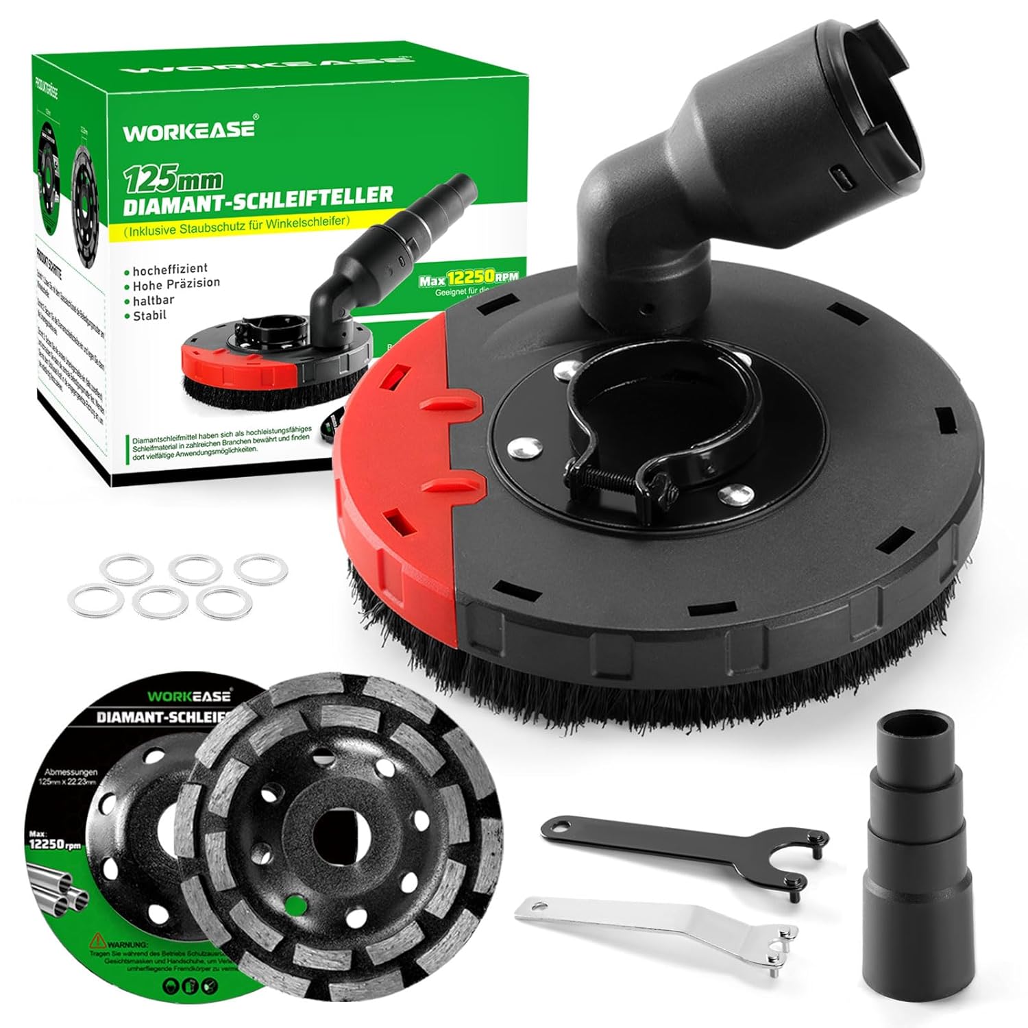 WORKEASE Grinding Dust Shroud for Angle Grinder 4.5-5 inch, 2 PCS 5 inch Diamond Cup Wheels & 360° Detachable Connector, Universal Surface Grinder Dust Shroud for Concrete, Cement, Marble, Granite