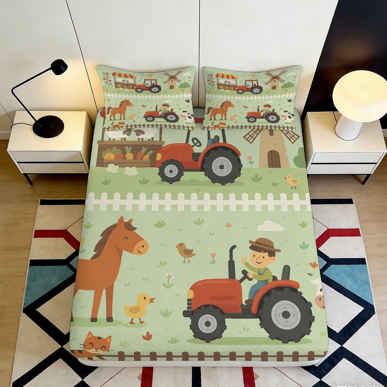 3D Printed Farm Tractor Fitted Sheet Microfiber Soft Green Horse Animal Mattress Cover for Bedroom Guest Room Decor 120x200x25cm