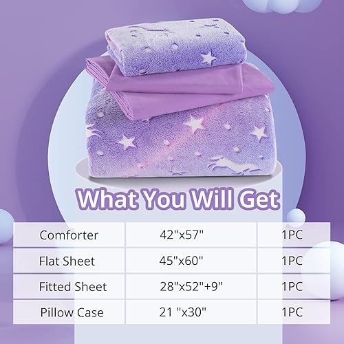Miniatura 3 de HOMBYS Juego de ropa de cama de terciopelo morado de 4 piezas con sábanas, edredón que brilla en la oscuridad para cama de niños, edredón