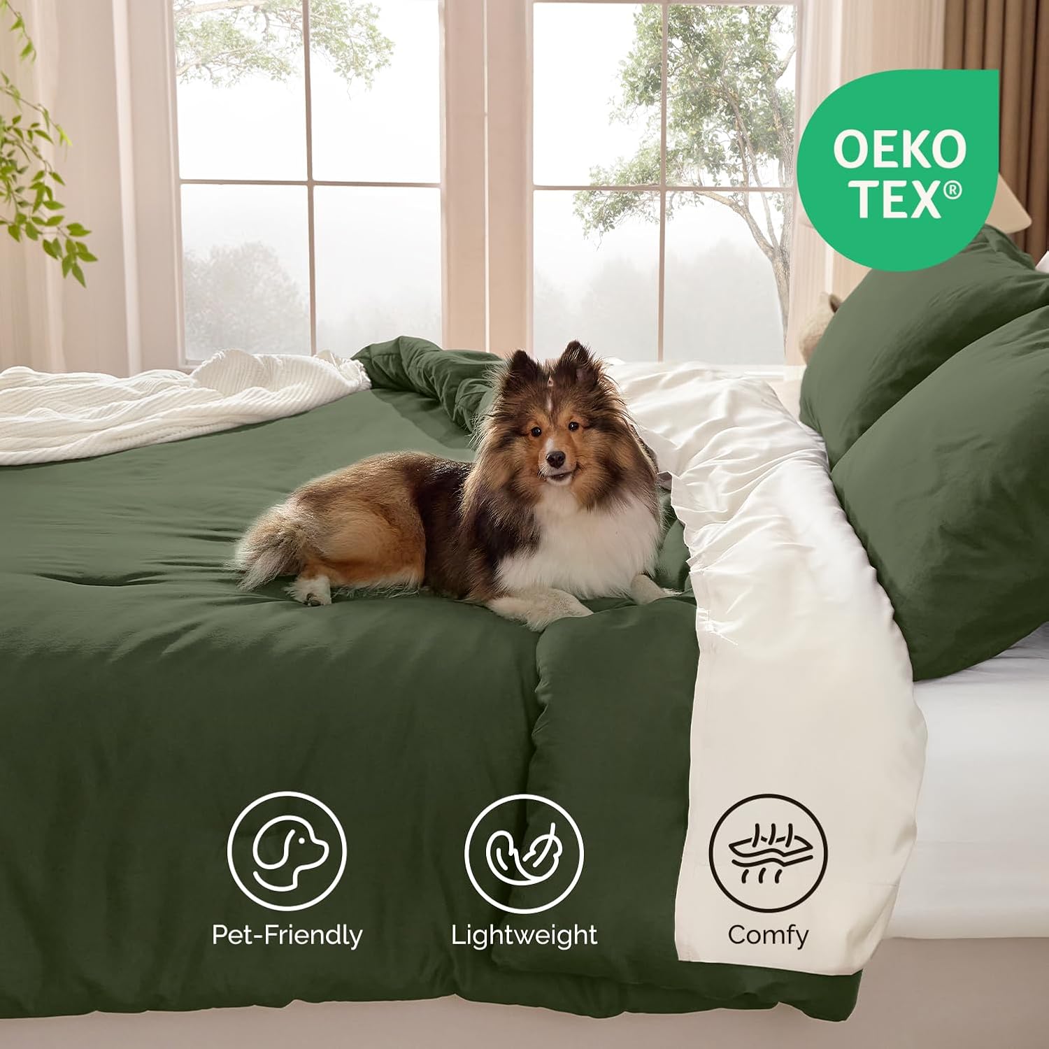 Andency Olive Green Full Size Comforter Set, Solid Comforter Set 3 Pieces (1 Boho Comforter & 2 Pillowcases), Lightweight Fluffy Vintage Olive Bed Comforter for All Season - Image 3