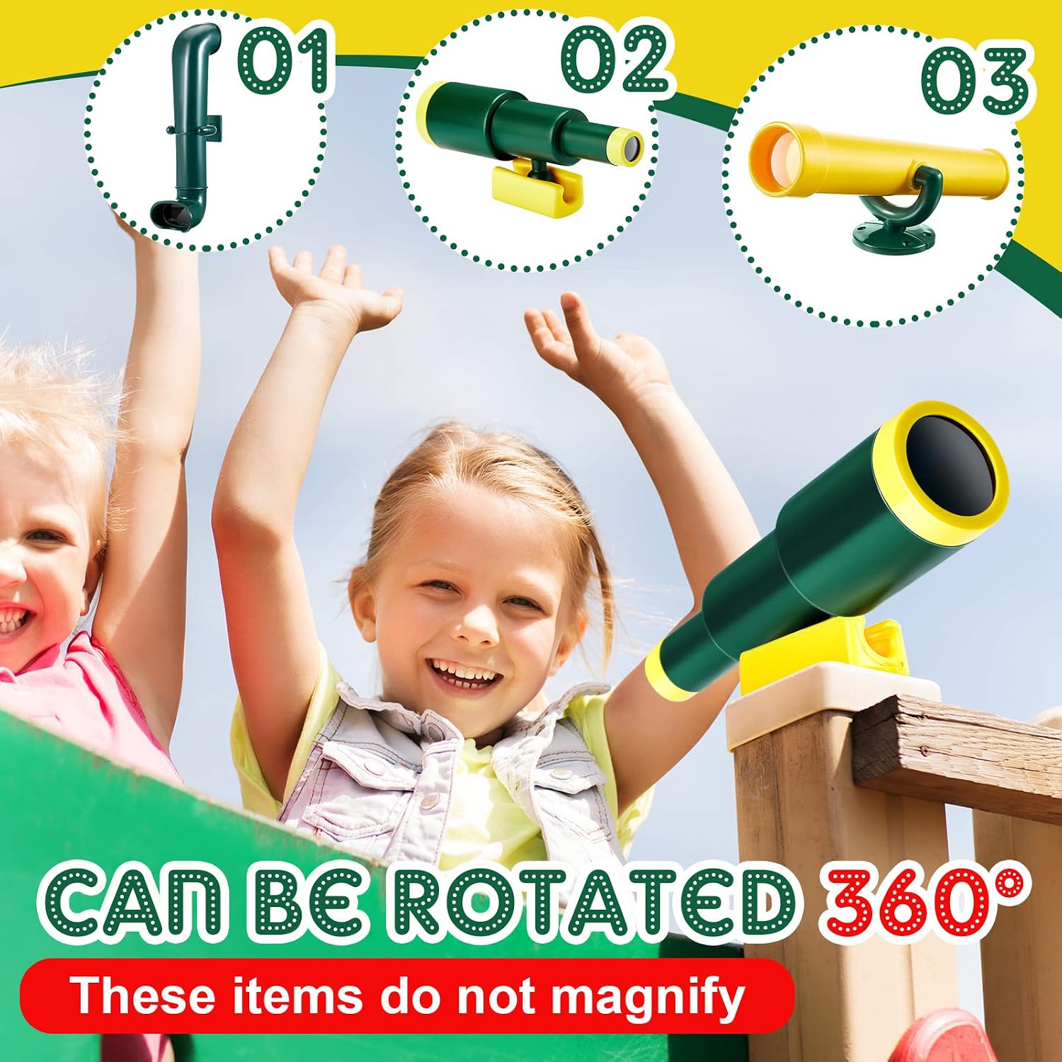 Deekin 9 Pcs Playground Accessories Swing Set Pirate Playground Equipment Set Include Plastic Wheel, Telescope, Periscope, Telephone, Safety Handle Bars for Outdoor Playhouse(Yellow, Green)