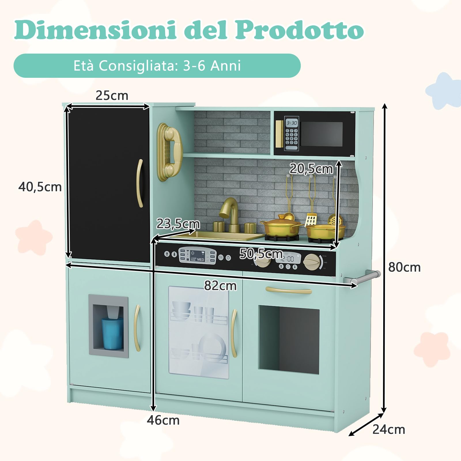 RELAX4LIFE Cucina Giocattolo per Bambini, Gioco Cucina in Legno con Frigo con Lavagna, Microonde, Forno, Macchina per il Ghiaccio, Mini Cucina per Bambini 3-6 Anni (Verde, 82 x 24 x 80 cm)