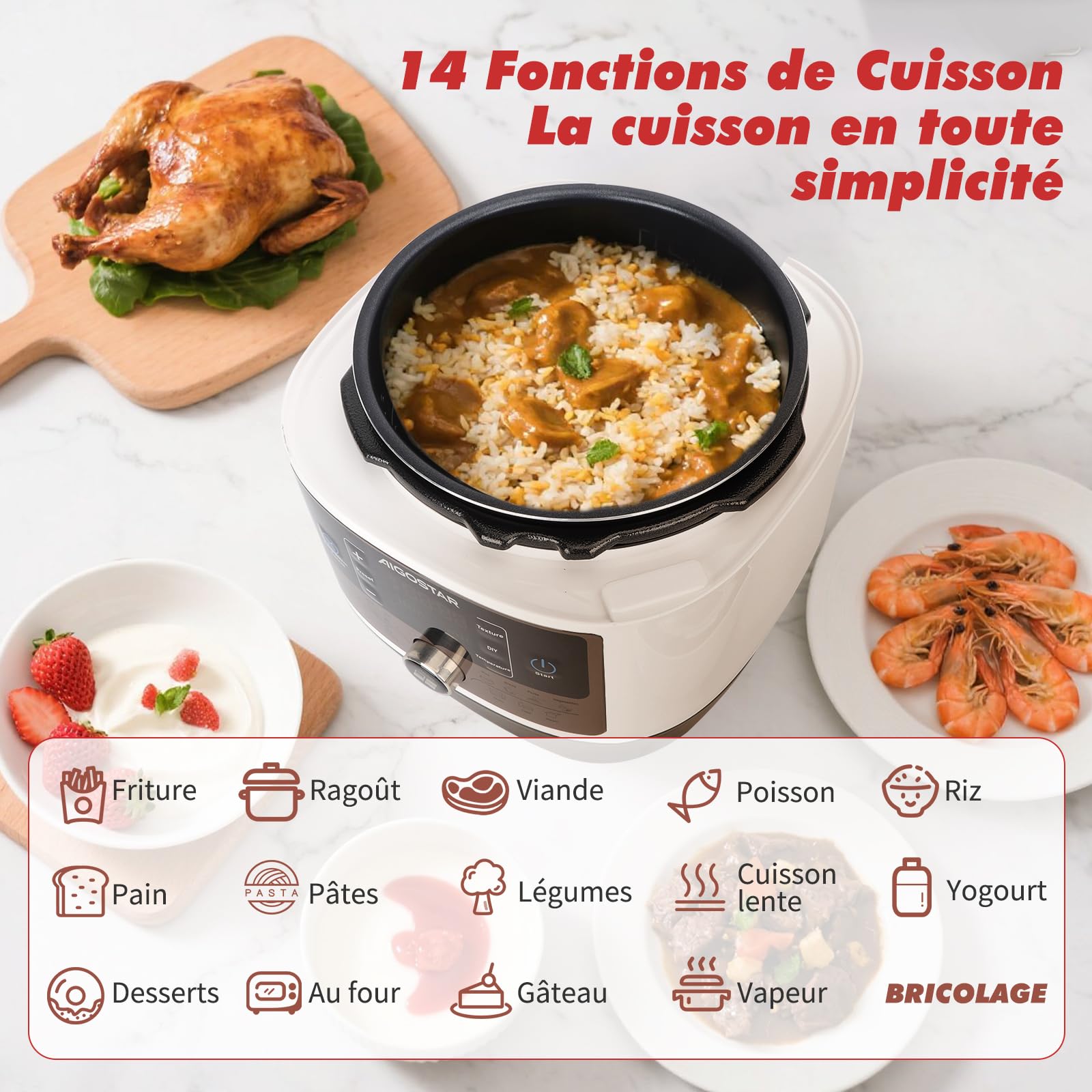 Aigostar Panda - Autocuiseur Électrique Multifonction 14-en-1, 5.5L, 1000W, Cuisson sous Pression, Cuisson Lente, Friture, Yaourt, Riz, Écran LED, Minuterie 24h, 9 Sécurités,Livré avec Accessoires